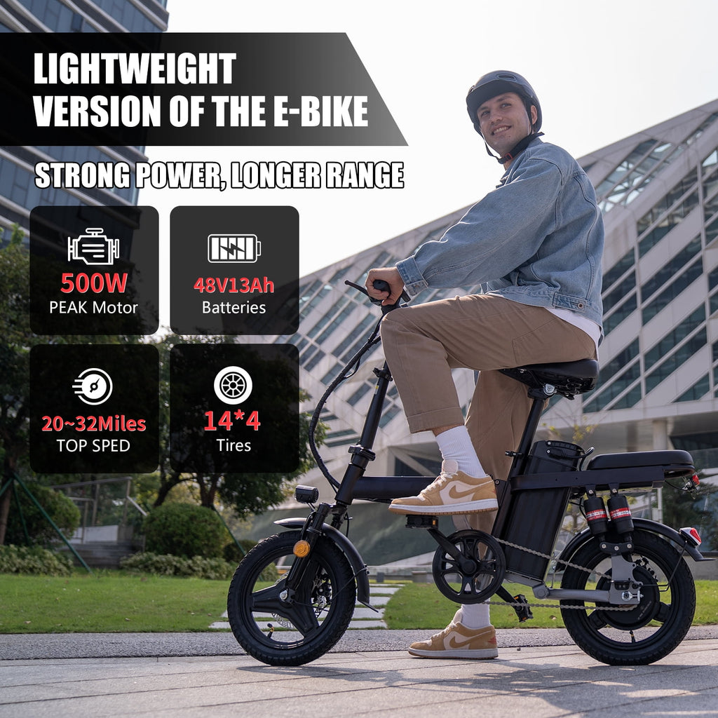 Electric Bike for Adults,  Electric Bicycle with 48V Removable Battery,14 Folding Ebike, 20MPH,30+ Miles(MAX),500W High Motor,Multi-Shock Absorption,UL 2849,Commuting Mini E Bikes Electric Bikes
