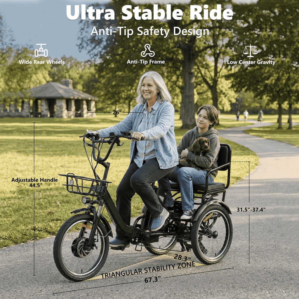 NOMIGO Two-Seat Electric Tricycle for Adults, Foldable 3 Wheel E-Bike for Errands with Rear Seat, Large Baskets and 48V Battery Electric Bikes