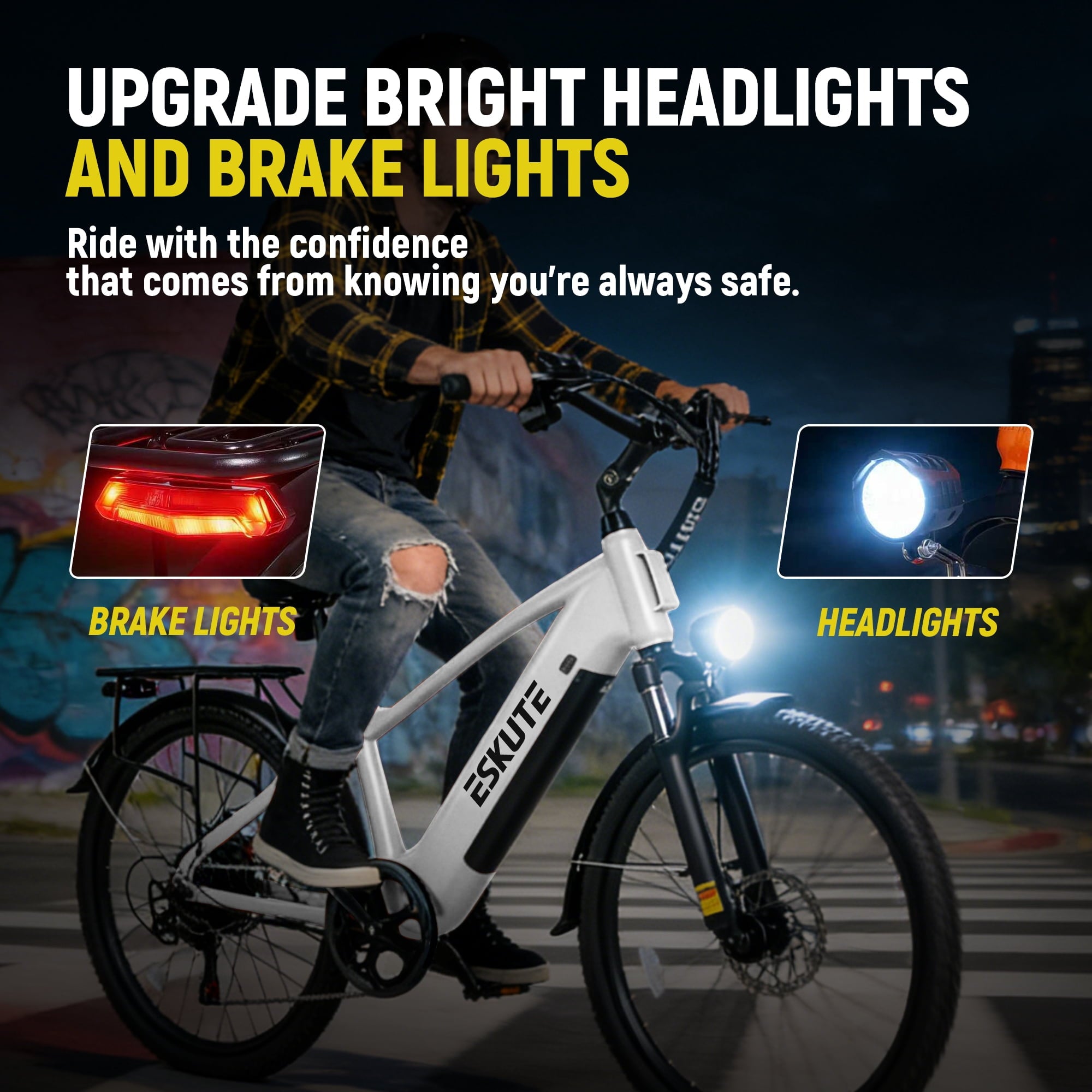ESKUTE Adult Electric Bike – 70-Mile Range, 1300W Peak Motor, 28MPH, 840Wh Removable Battery, 26 Tires, 7-Speed Adjustable Stem, Step-Over Ebike, White Electric Bikes
