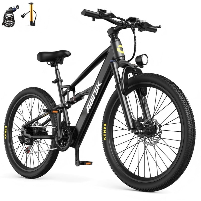 748W Peak Motor Aairsk F1 Electric Bike for Adults, 26 E-Bike with 22MPH Speed,36V13Ah Battery, Full Suspension, 7-Speed Gears Electric Bikes