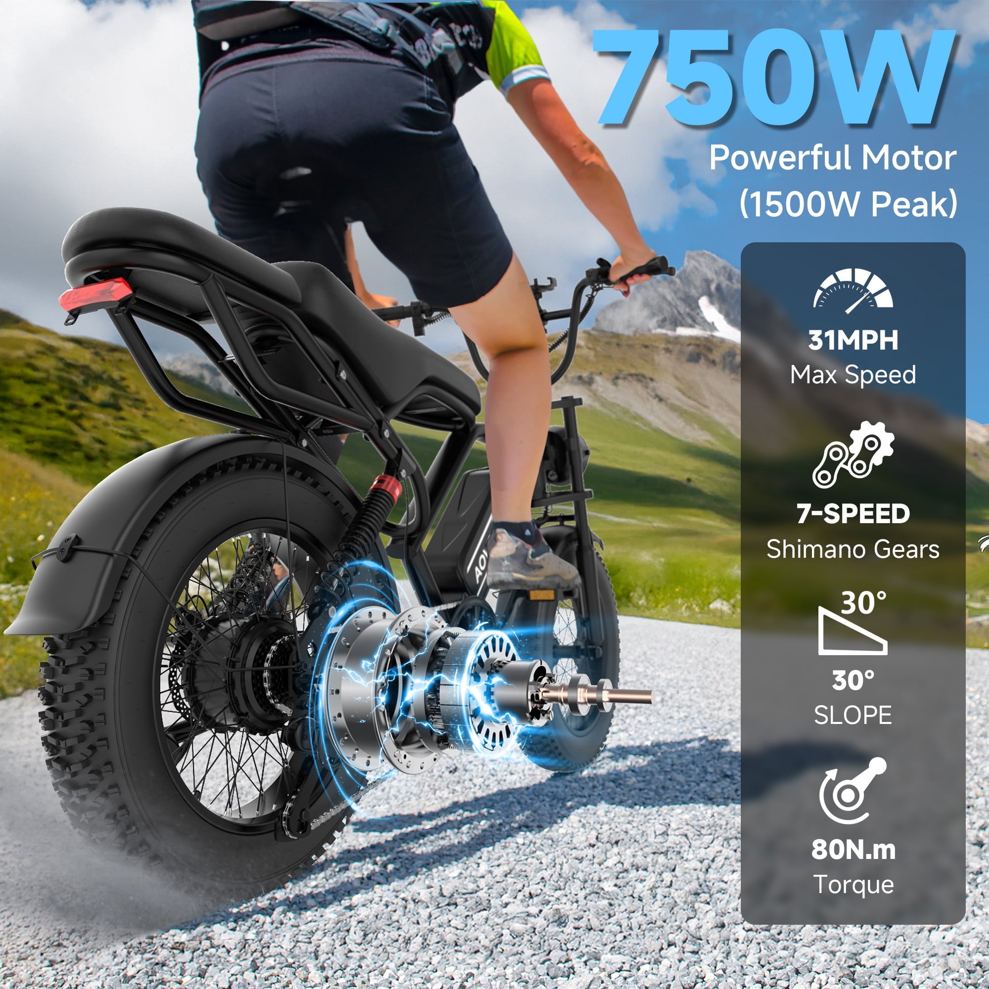 AOVOPRO AP20 Electric Bike for Adults 20 X 4.0 Fat Tire, 750W Off-Road E Bike, E-Mountain Bike 48V 18AH UL2849 Electric Bikes