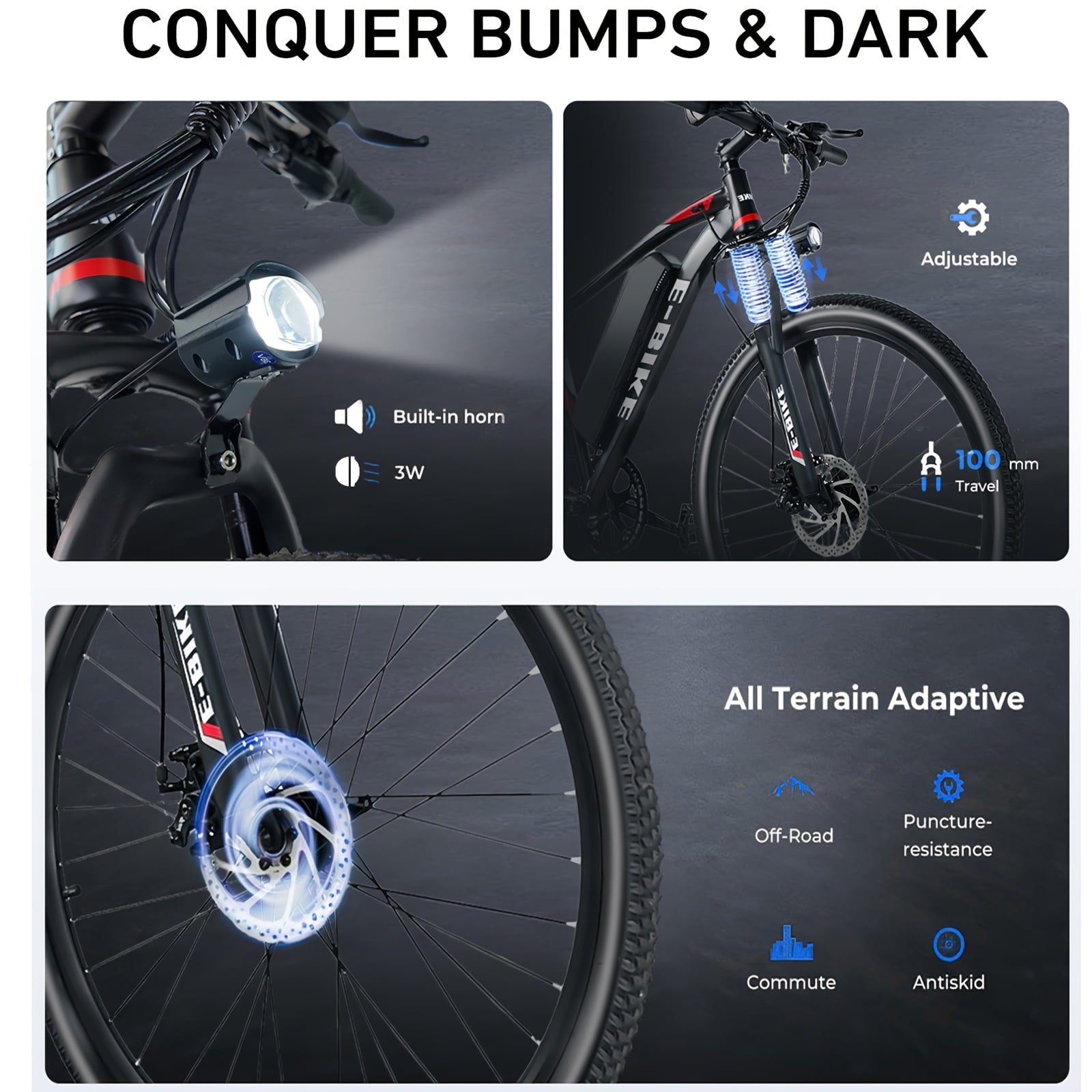 XKJ Electric Bike for Adults, 26”Electric Mountain Bike 576Wh Internal Battery & LCD Display,750W (Peak) Motor,7-Speed, Lightweight Ebike for Teens,40 Miles, Full Suspension,UL2849 Electric Bikes