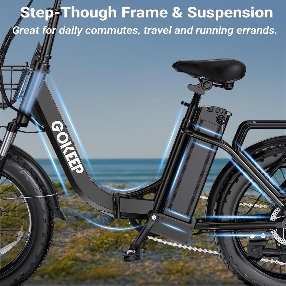 GOKEEP Folding Electric Bike for Adult, 52V 13Ah Removable Battery, 20 Fat Tire & Front Suspension Electric Bicycles, 7-Speed Commuter Ebike, UL2849, Black Electric Bikes