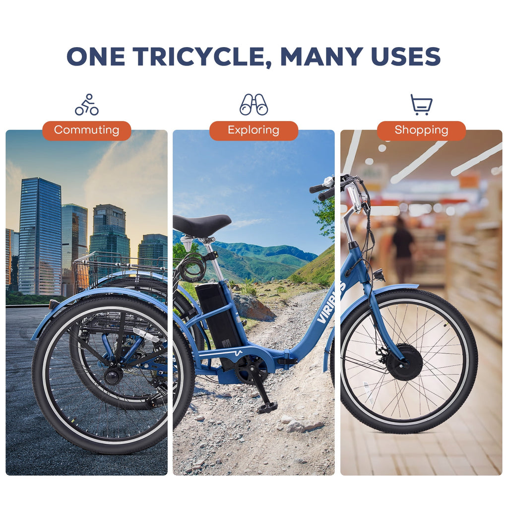 24 7-Speed Folding Electric Tricycle with 350W Motor 36V 13Ah Battery Blue Electric Bikes