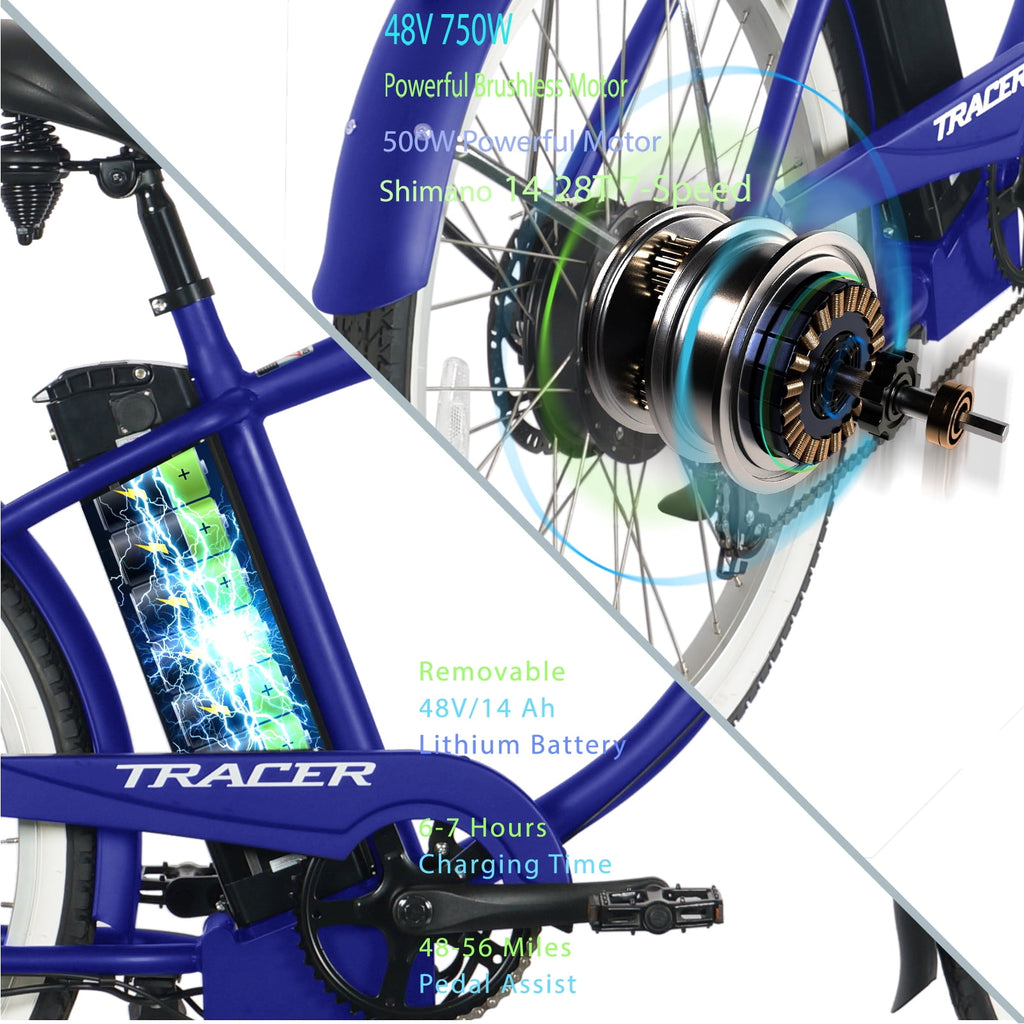 Tracer Omega 26 Electric Bike, 500W Rear Motor, 7-speed, 25mph,  48V/14Ah, 30 to 45 Miles, 5-level PAS, Disc Brake, for Men, Blue UL2849 Electric Bikes