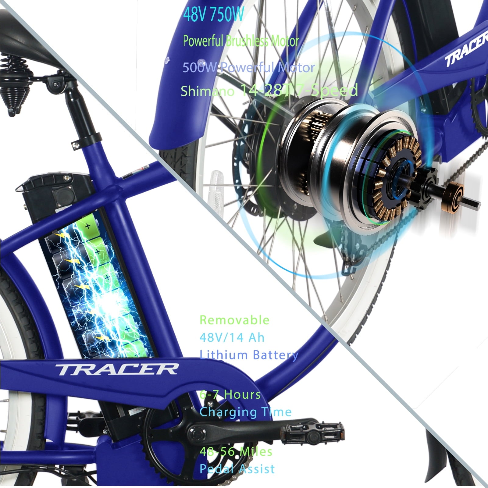 Tracer Omega 26 Electric Bike, 500W Rear Motor, 7-speed, 25mph,  48V/14Ah, 30 to 45 Miles, 5-level PAS, Disc Brake, for Men, Blue UL2849 Electric Bikes