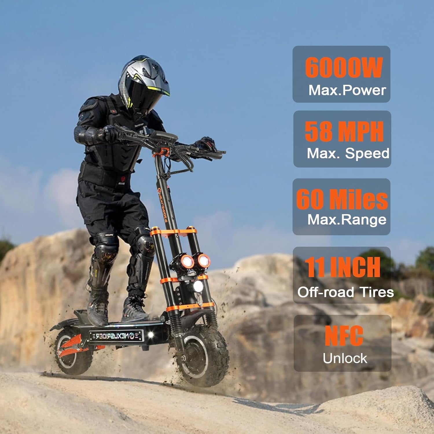 Adults Electric Scooter 6000W Dual Motor Up to 58 mph, 60 Miles Range, 60V35Ah Battery, C-Type Dual Suspensions 11 All Terrain Tires Adjustable Handlebar, NFC and Detached Seat, Foldable, Sport Electric Bikes