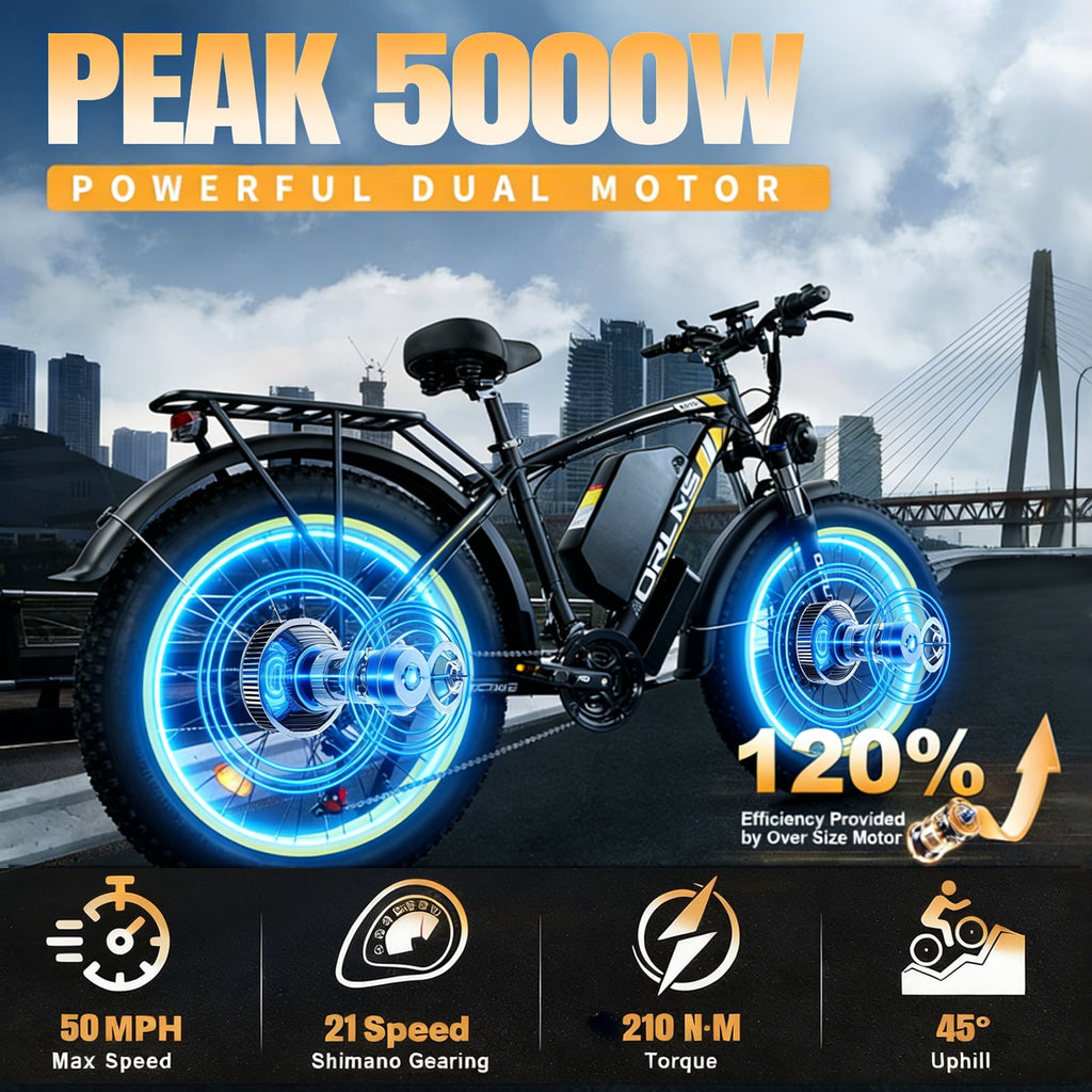 5000W (Peak) Electric-Bike, 60V 25AH Battery Electric Bike for Adults, Dual-Motor-Ebike 45MPH Ebike, 26*4.0 Fat Tire Ebike, AWD 21-Speed E-Mountain Bicycle for Off-Road Snow Sand UL 2849 Electric Bikes