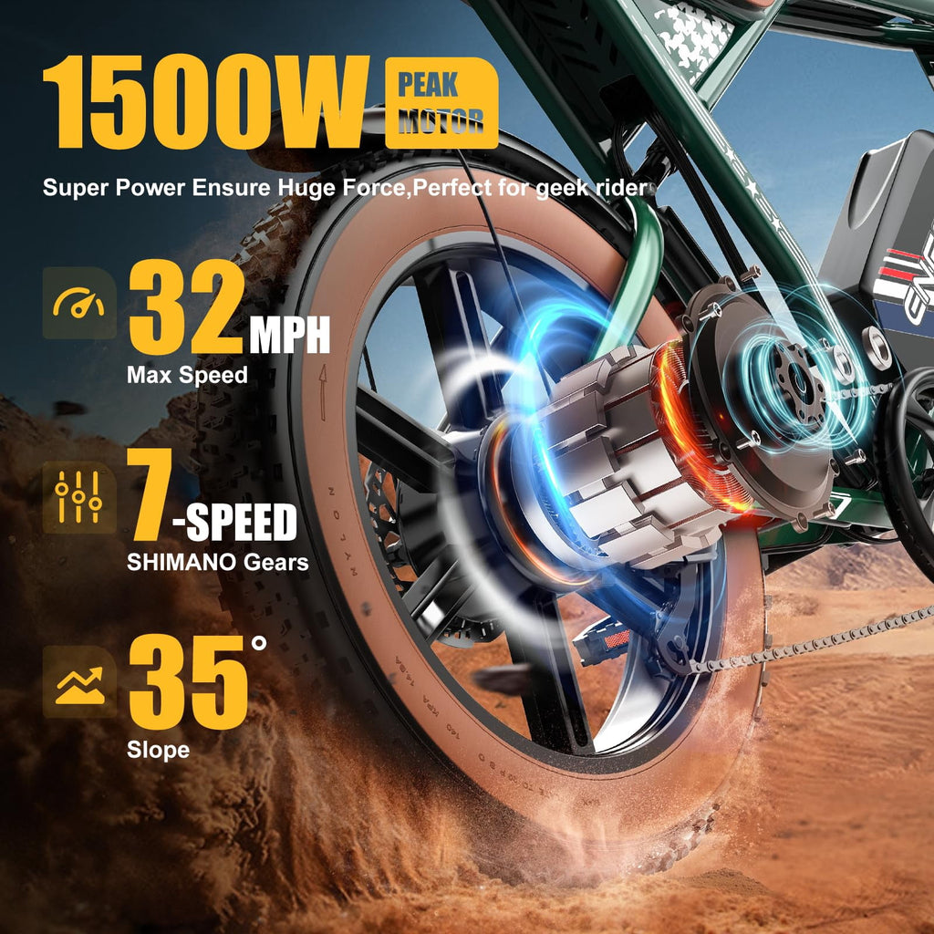 2S Max Electric Bike for Adults, 1500W Peak Motor 32MPH Off-Road E Bike, 48V 22.5Ah Battery, 100-Mile Range, 20 x 4.0 Fat Tires, Shimano 7-Speed, Green Electric Bikes