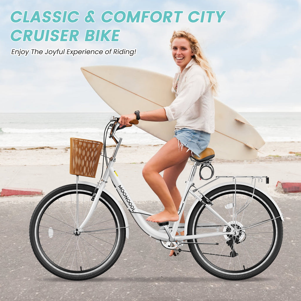 MOONCOOL 24/26 Inch Cruiser Bike for Women, 7 Speed Step-Through Bicycle with Basket, Rear Rack & Lock, Retro City Bike for Adults Electric Bikes