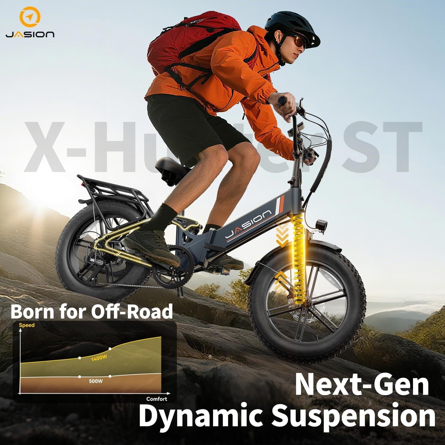 Jasion X-Hunter ST Electric Bike, 750W Foldable Ebike with 48V 13AH Removable Battery, 20'' Fat Tire Electric Bicycles for Adults, Full Suspension, UL 2849 Electric Bikes