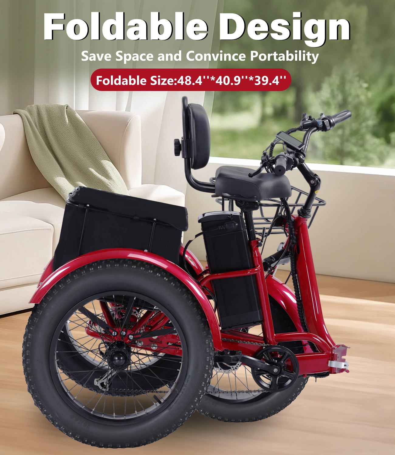 EASINGO Electric Tricycle for Adults 500W Motor 7 Speed 3-Wheel with 20×4.0 Fat Tire, Rear Basket, Lithium Battery Max 15MPH E-Tricycle Red Electric Bikes