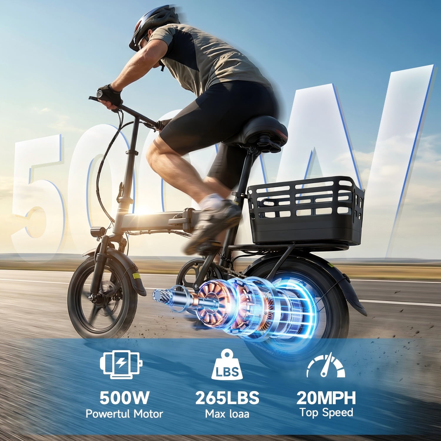 XKJ Electric Bike for Adults, Ebike, Electric Bicycle with 48V 12AH Battery,14 Folding Ebike for Teens, 21MPH,20+ Miles(MAX),500W Motor,Multi-Shock Absorption,Mini E Bikes with Baskets,UL2849 Electric Bikes