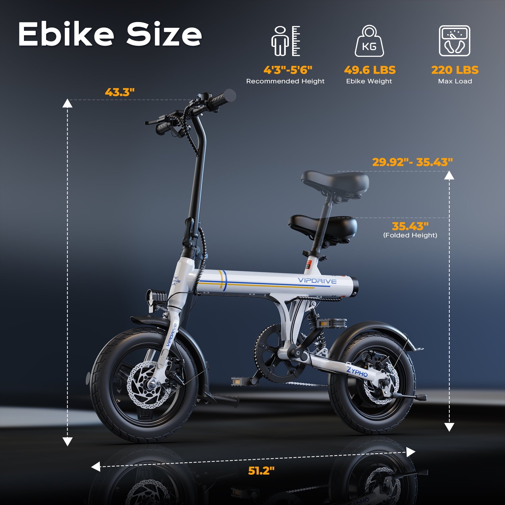 VIPDRIVE Electric Bike, 14 Folding EBike for Adults, 500W Peak Motor, 36V 7.8Ah Battery, 20MPH City Commuter E-Bike, Mini Ebike, LCD Display, UL2849 Electric Bikes