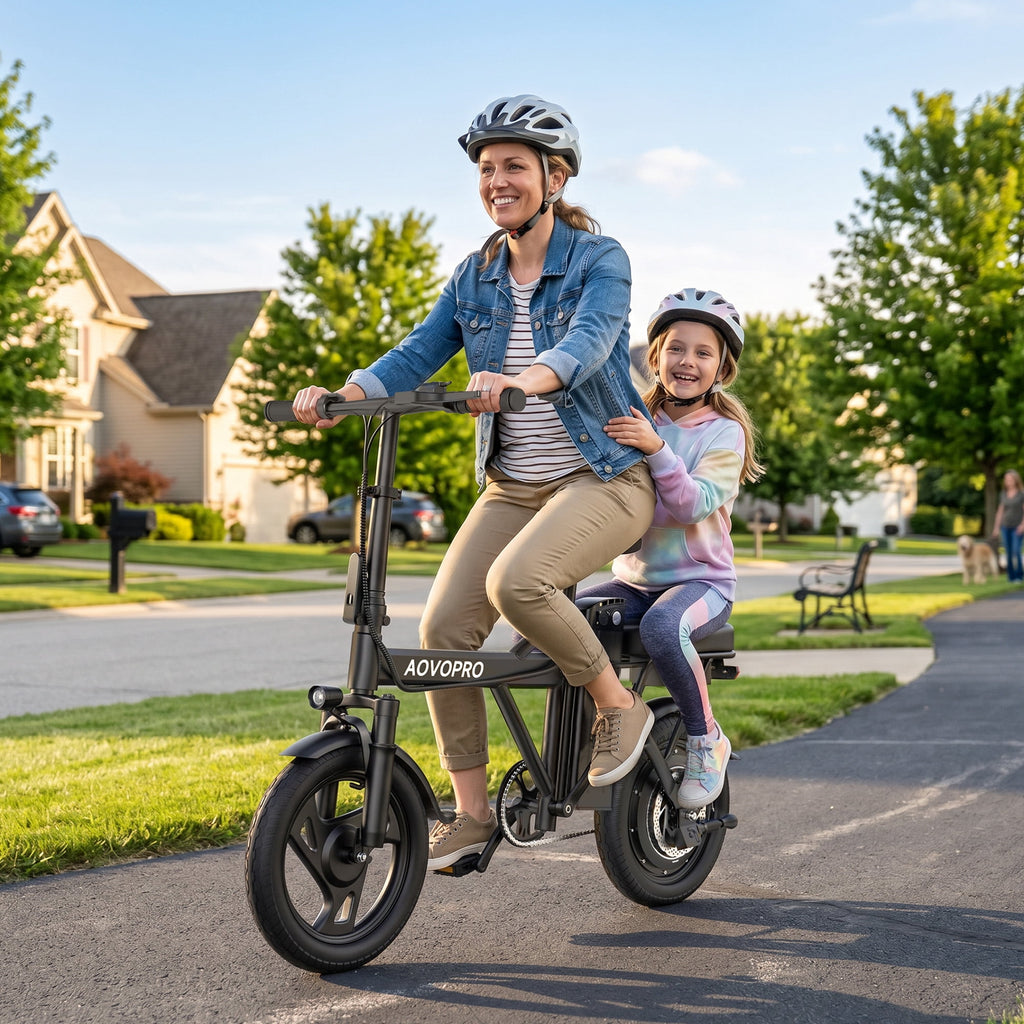 AOVOPRO AHT14 Electric Bike 500W 48V, 14' Mini Ebike for City Commuter, Electric Bicycle for Adult with Two Seats UL2849 Electric Bikes