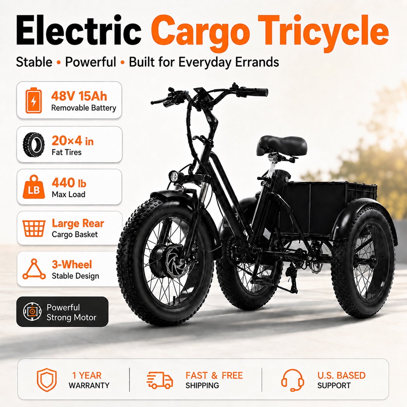 NOMIGO Electric Tricycle for Adults, 500W Motor, 48V 15Ah Battery, 20x4 Fat Tire 3-Wheel Electric Bike, 7-Speed, Rear Basket, Black Electric Bikes