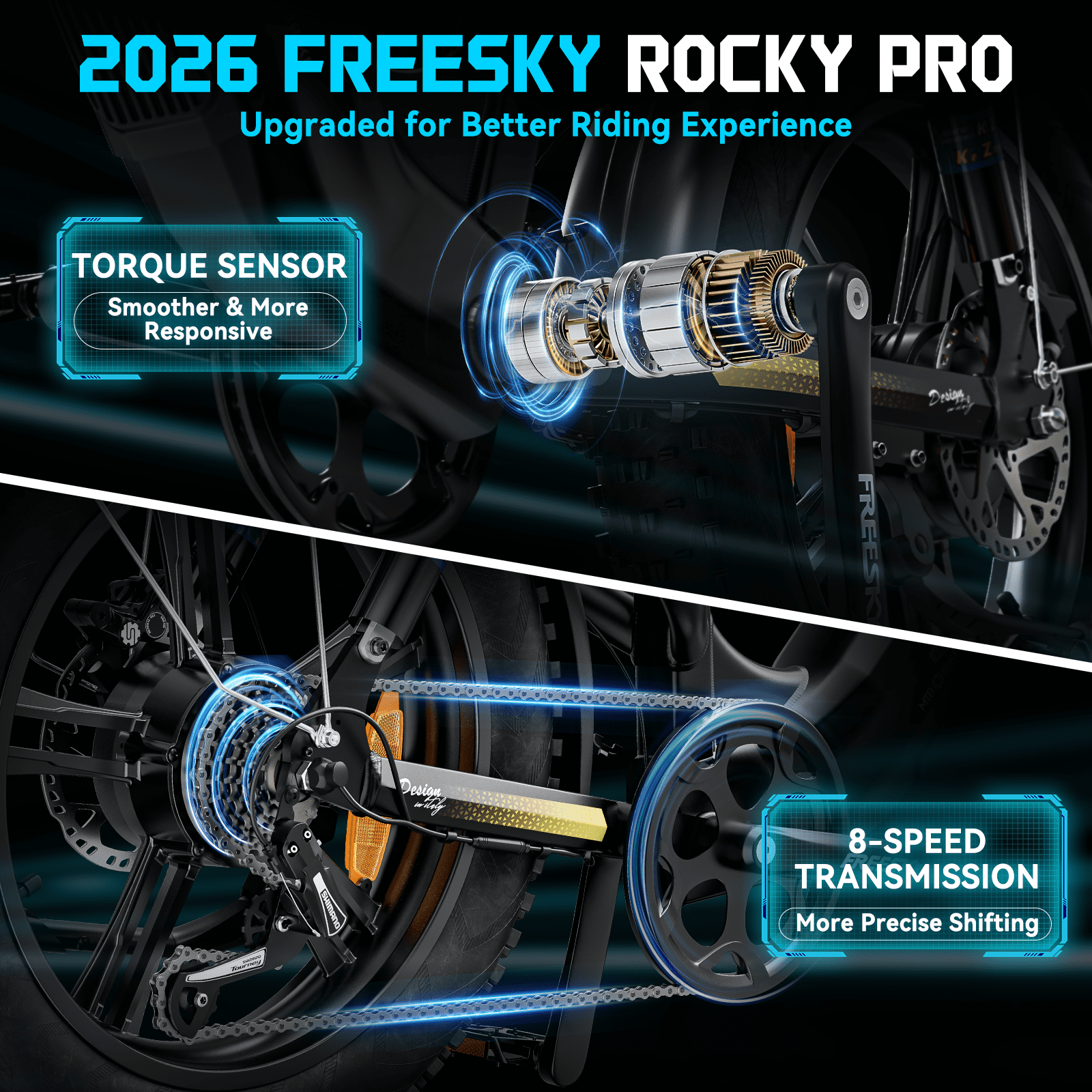 FREESKY 2026 Upgraded Rocky Pro Torque Sensor Electric Bike for Adults, 48V 25Ah Samsung Cells Battery, 105 Miles Range, 33MPH Fat Tire Step-Thru E Bike, 20 Full Suspension Cargo Bicycles, 8-Speeds Electric Bikes