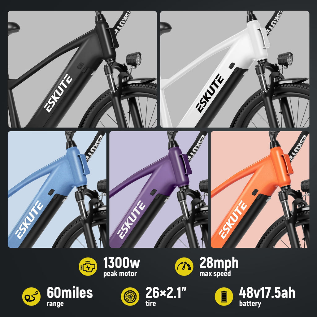 Adult Electric Bike – 70-Mile Range, 1300W Peak Motor, 28MPH, 840Wh Removable Battery, 26 Tires, 7-Speed Adjustable Stem, Step-Over Ebike, Purple Electric Bikes