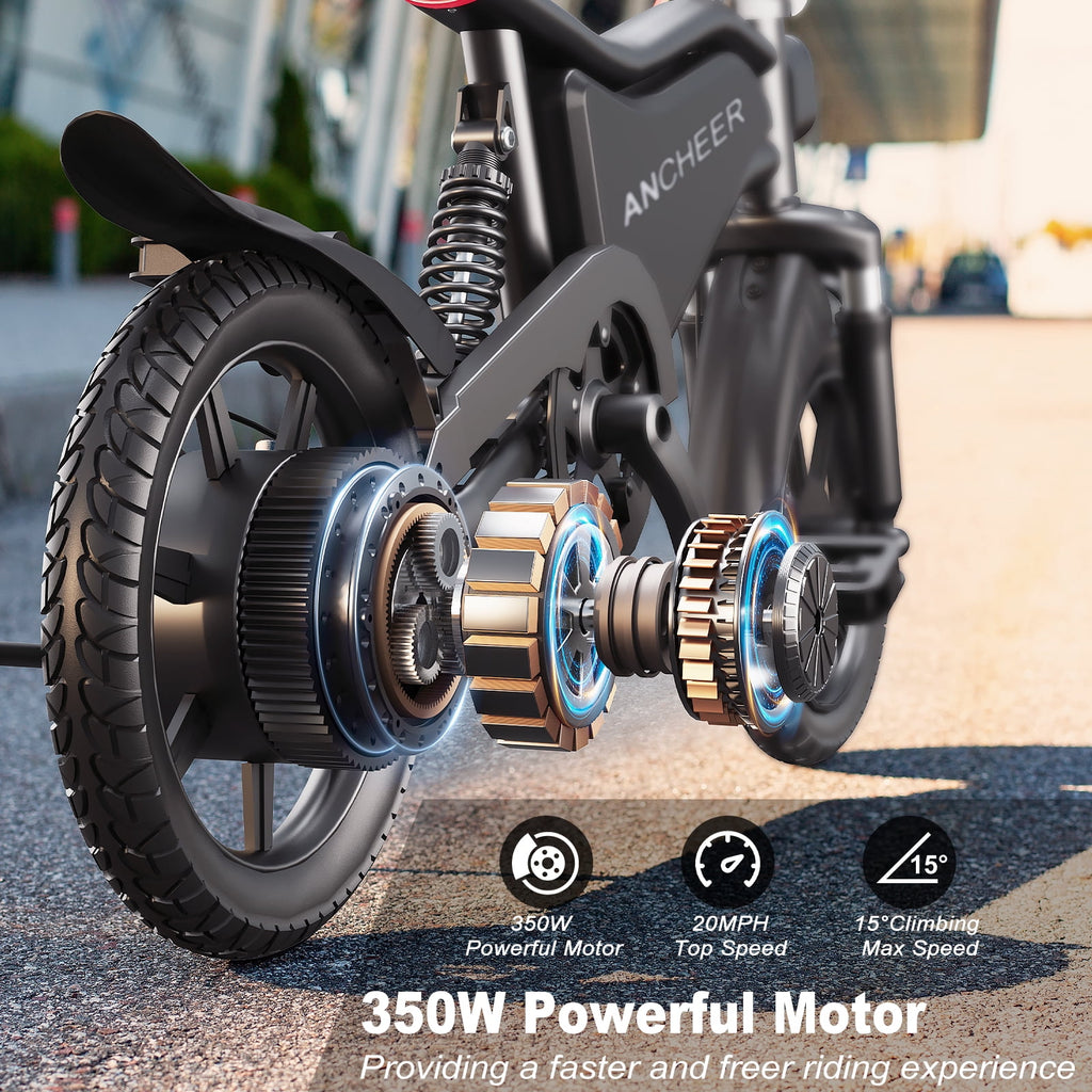 ANCHEER Peak 500W Electric Bike for Adults, Foldable Electric Bikes with 48V 374Wh Battery, 14 Electric Bicycle for Men Women, LCD Digital Display, Cruise Control Ebikes, Dual Suspension Fork UL2849 Electric Bikes