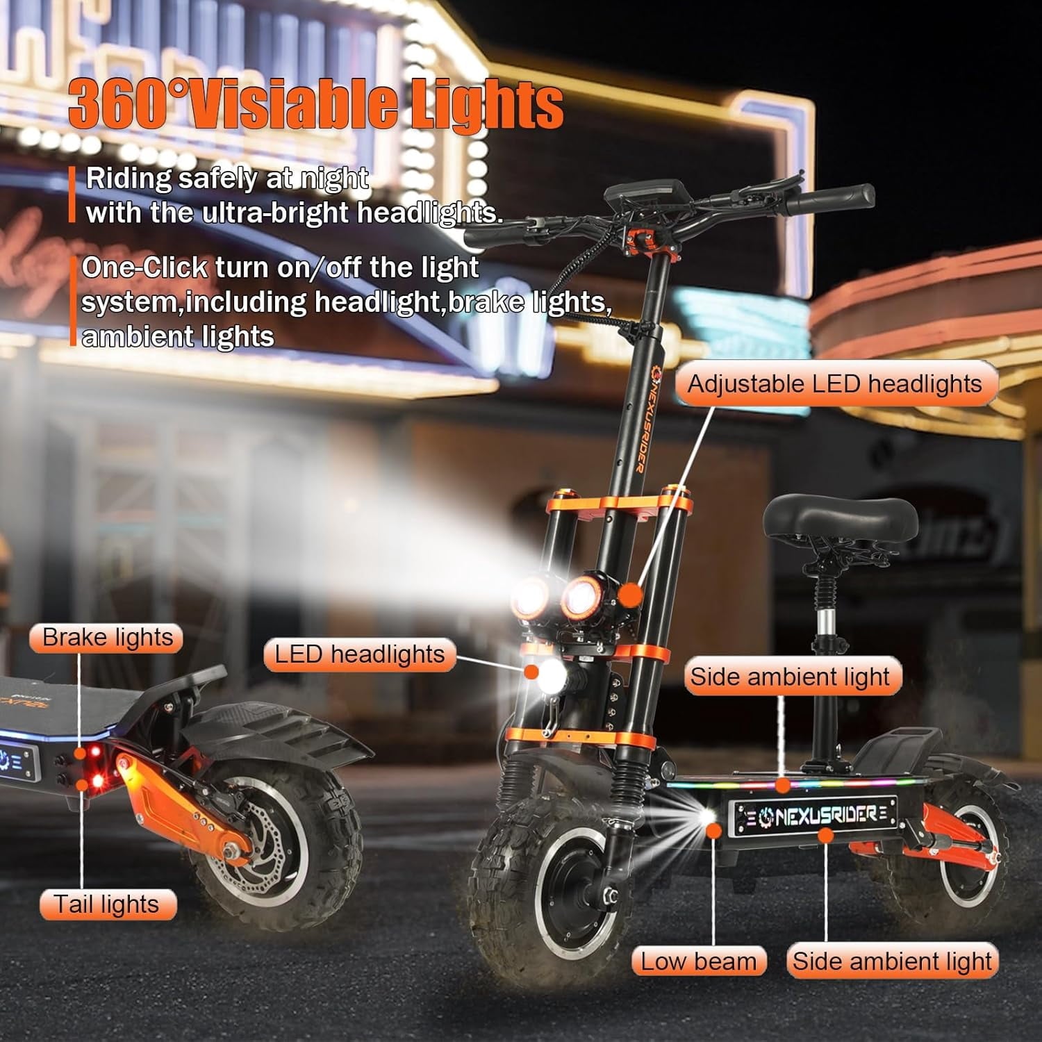 Adults Electric Scooter 6000W Dual Motor Up to 58 mph, 60 Miles Range, 60V35Ah Battery, C-Type Dual Suspensions 11 All Terrain Tires Adjustable Handlebar, NFC and Detached Seat, Foldable, Sport Electric Bikes