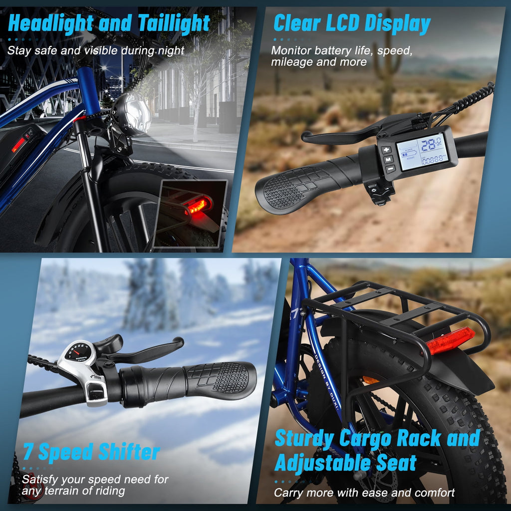 Hipatoo Peak 1000W Electric Bike for Adults, 20X4.0 Fat Tire E bike, 48V/13Ah Battery 25MPH Mountain Bike, 38 Miles Range Electric Bicycle for Cycling, 7-Speed E-bike, Ebike for Adults UL2849 Electric Bikes