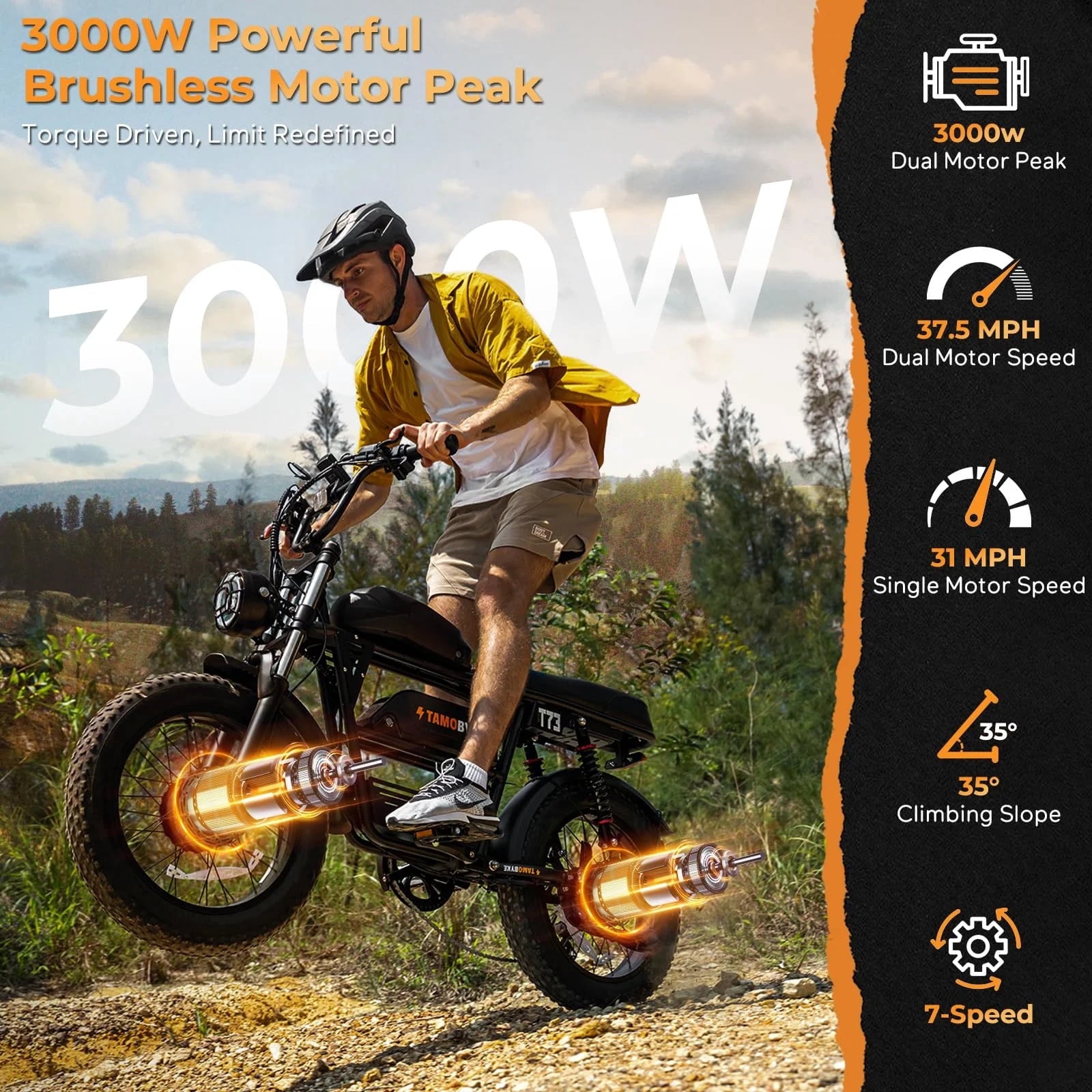 Adult E-Mountain Bike Tamobyke T73PROMAX, 3000W Peak Dual Motor, 37.5mph, 48V 36.4Ah Battery, 20 Fat Tire Electric Bike, UL2849 Electric Bikes