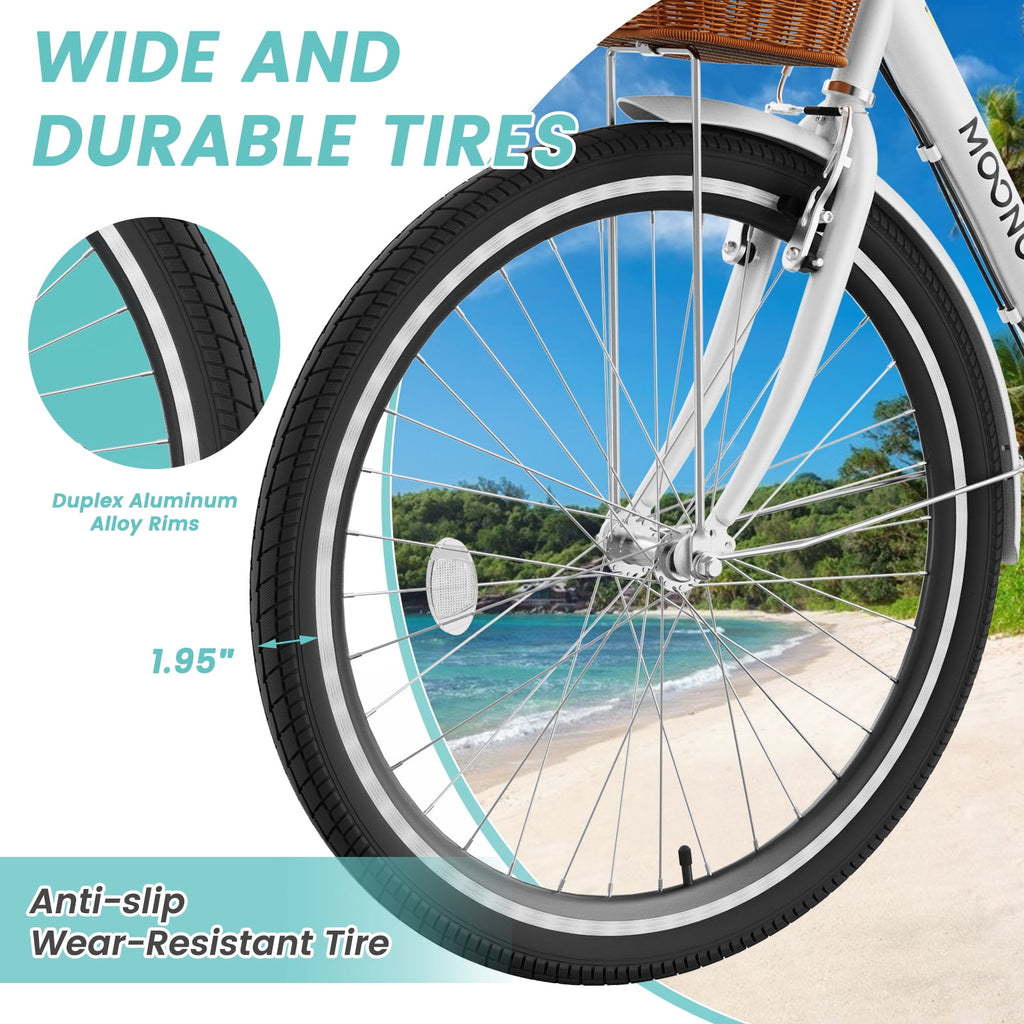 MOONCOOL 24/26 Inch Cruiser Bike for Women, 7 Speed Step-Through Bicycle with Basket, Rear Rack & Lock, Retro City Bike for Adults Electric Bikes