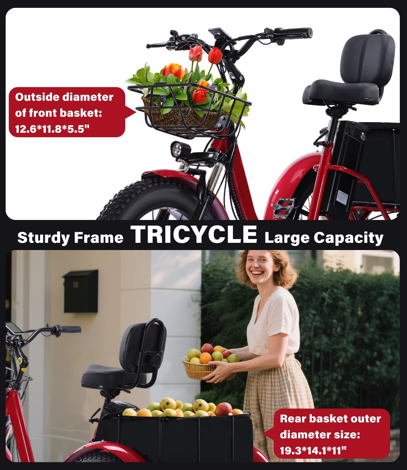 EASINGO Electric Tricycle for Adults 500W Motor 7 Speed 3-Wheel with 20×4.0 Fat Tire, Rear Basket, Lithium Battery Max 15MPH E-Tricycle Red Electric Bikes