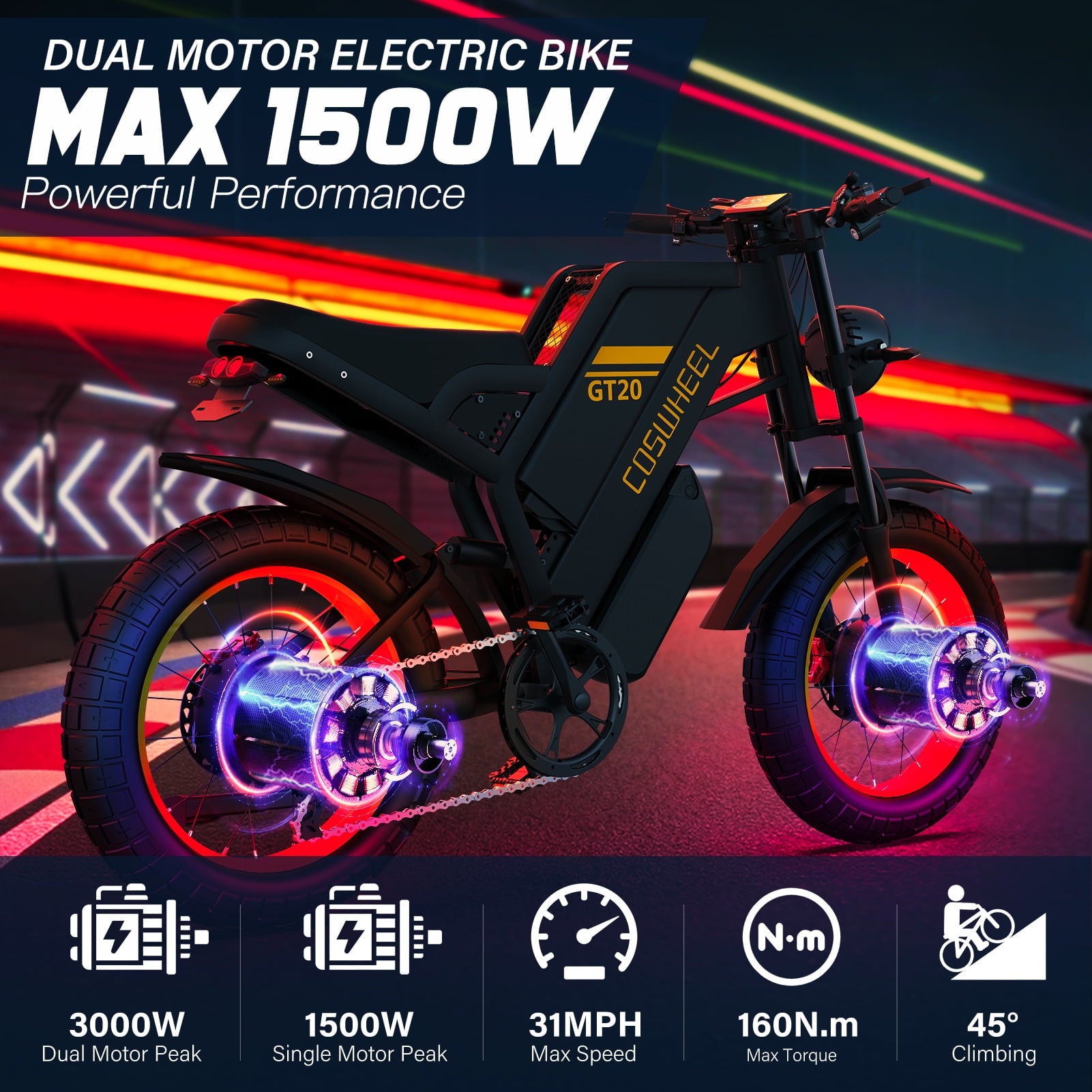 COSWHEEL GT20 Pro Electric Bike for Adults MTB 160Nm, with 48V/25Ah Removable Battery, Up to 31MPH & 145 Miles,UL2849, Electric Motorcycle with 7-Speed, 20 x 4.0 Fat Tire Ebikes for Adults Electric Bikes