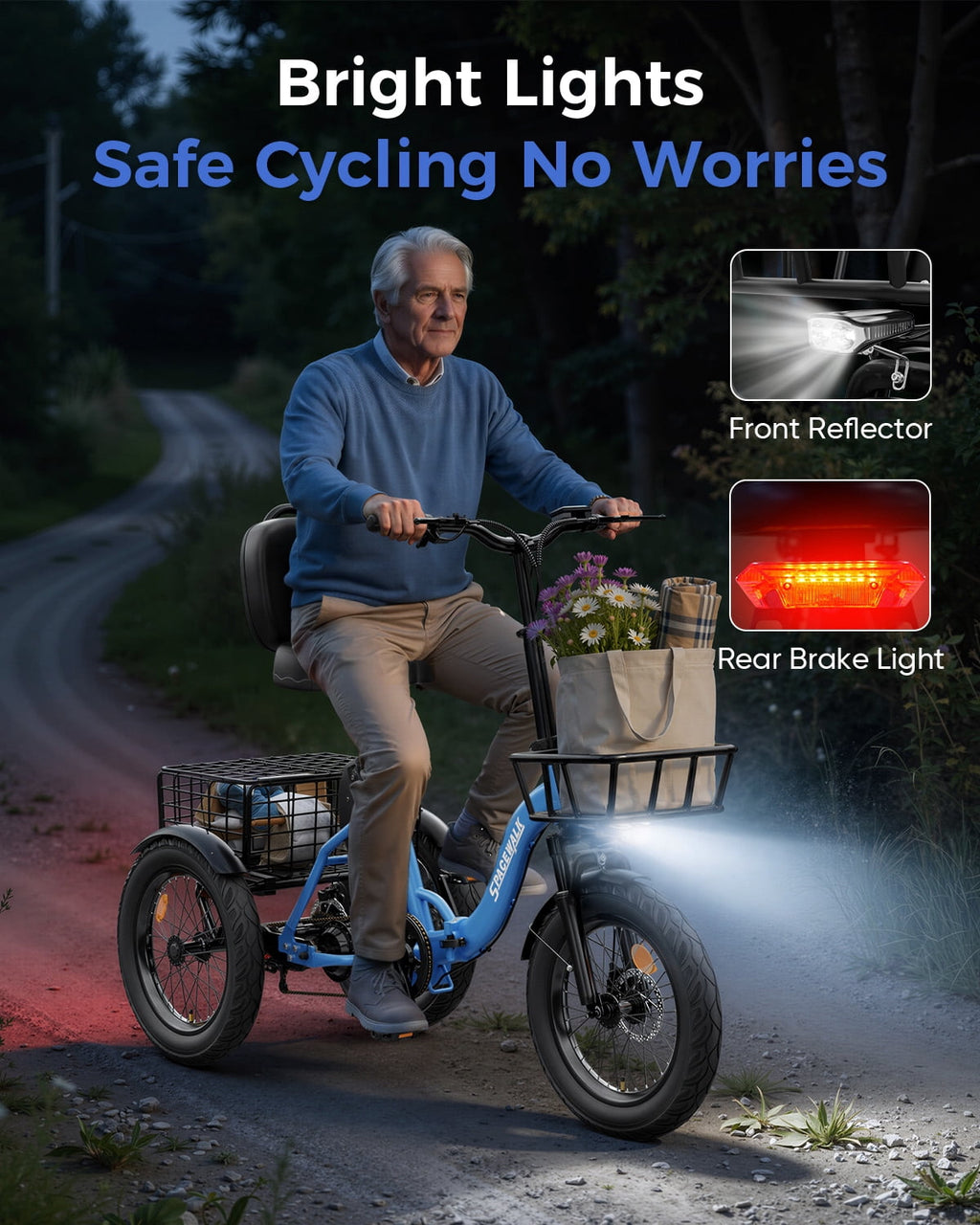 SPACEWALK Adult 3 Wheel Electric Tricycle, 18×3.0 Fat Tires, 48V 15AH battery 700W Peak Motor Up to 60 Miles Range, 18 MPH Adjustable Backrest Electric Bikes Electric Bikes
