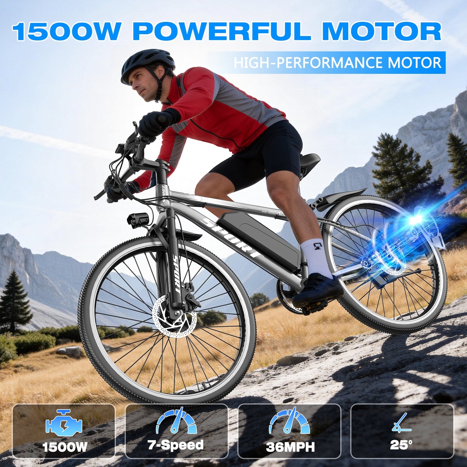G26Electric Bike for Adults, 26 750W Peak Motor, 65 Miles 28MPH Ebike, 480Wh Battery Electric Bicycle for Adults 7 Speed Electric Bicycles Front Fork Suspension,UL2849 Electric Bikes