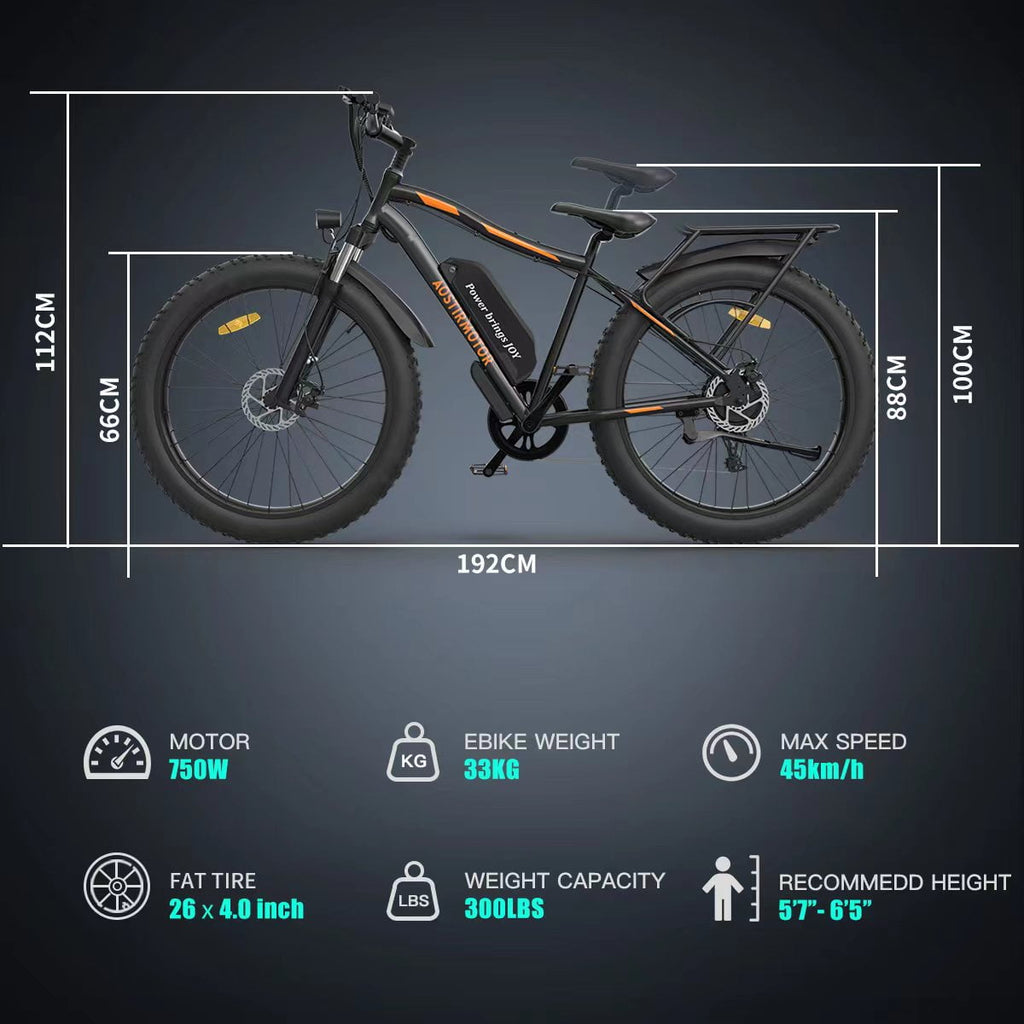 Aostirmotor Electric Mountain Bike, 48V 13AH Removable Lithium Battery 749W Ebike with Rack, 26 4.0 inch Fat Tire Bike, Electric Bicycle for Adults UL2849 (Black) Electric Bikes