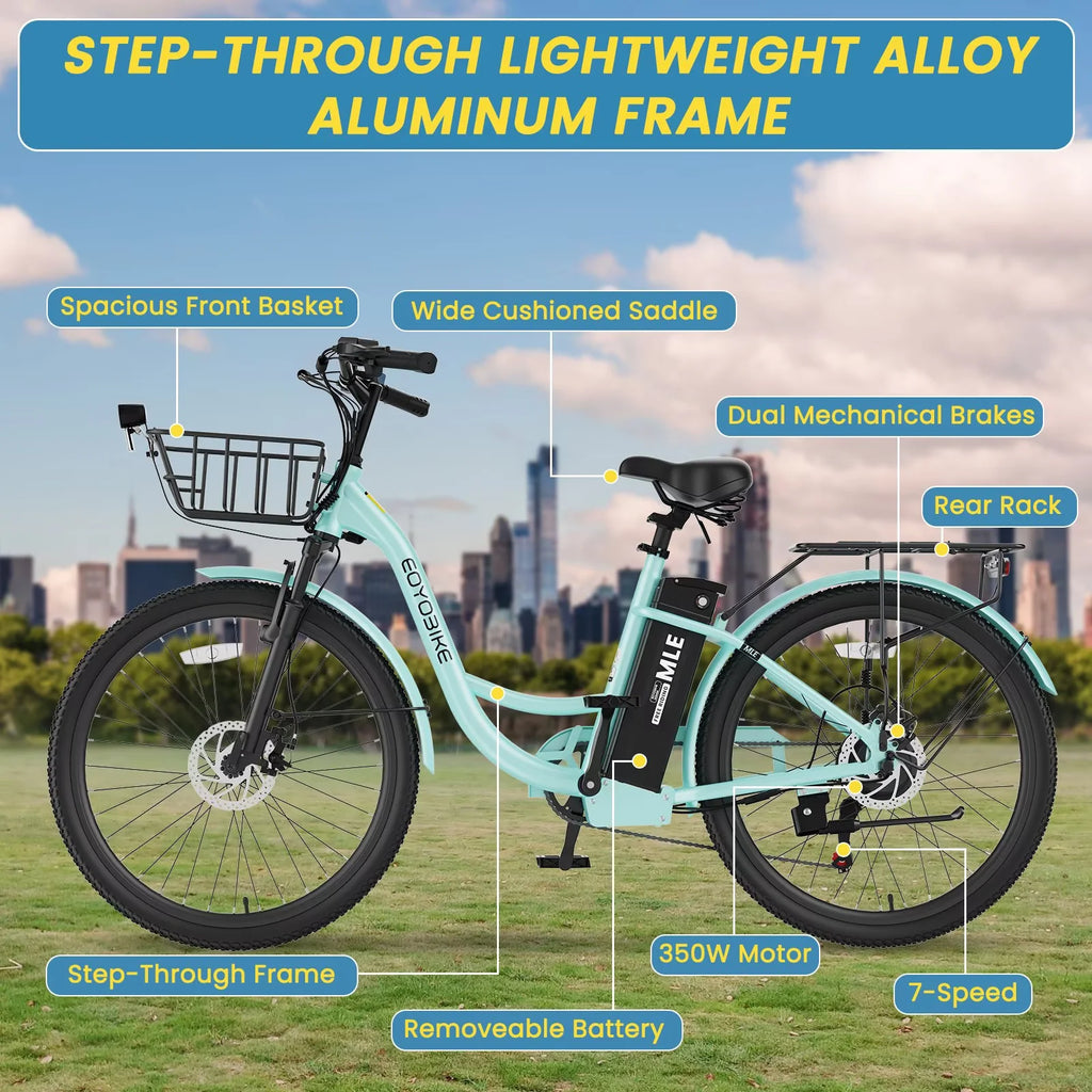 Lilypelle Electric Bike for Unisex Adults,24/26 7-Speed Step Thru Electric Bicycle ,36V,20MPH Electric Bikes