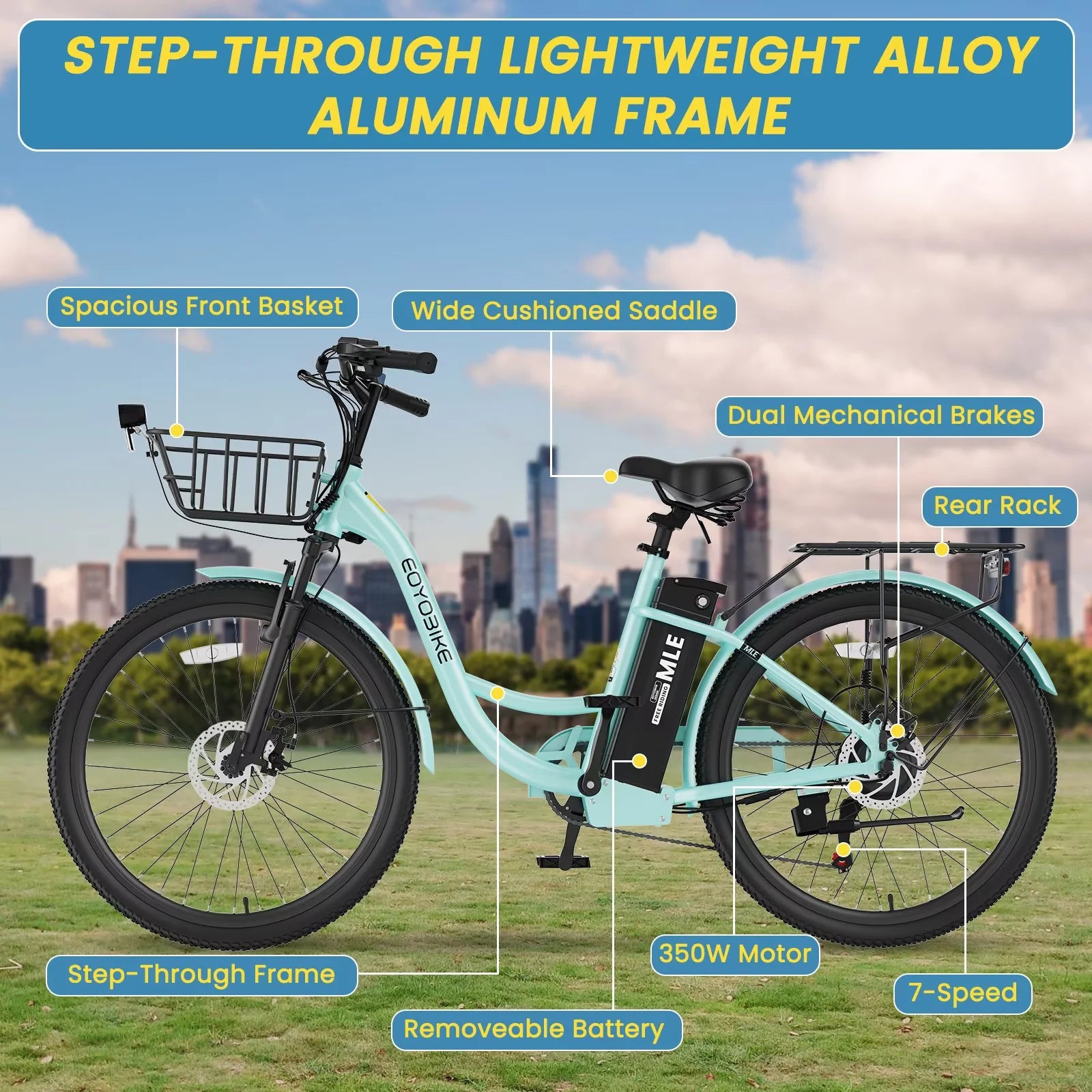 Lilypelle Electric Bike for Unisex Adults,24/26 7-Speed Step Thru Electric Bicycle ,36V,20MPH Electric Bikes