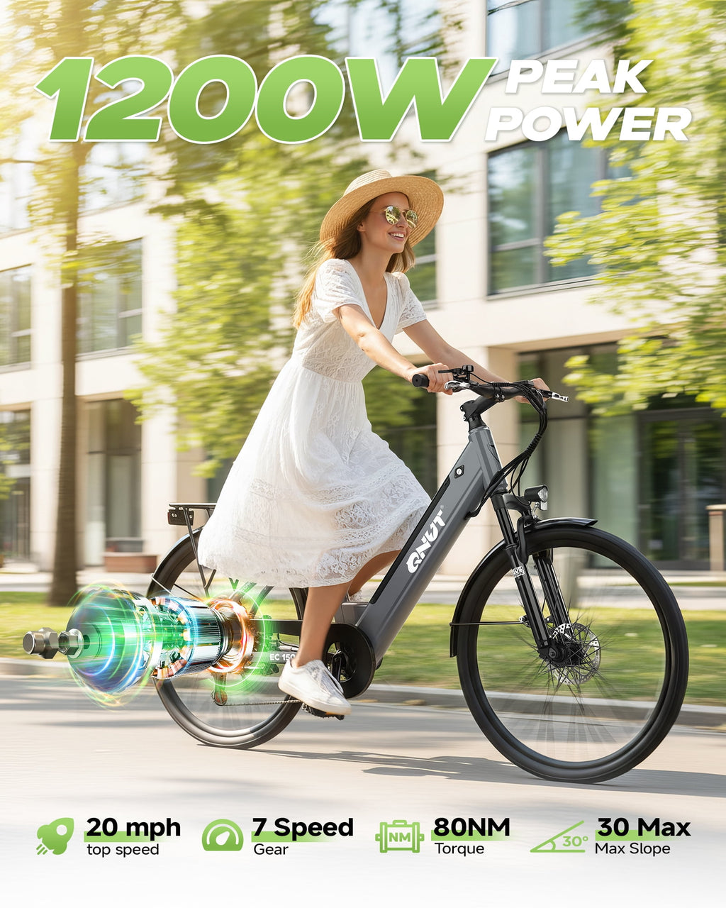 QNUT Electric Bike , 26 1200W Peak with 48V Battery 7 Speed 20MPH 65 Miles Ebike Step Through Commuter E bike for Adults Electric Bikes