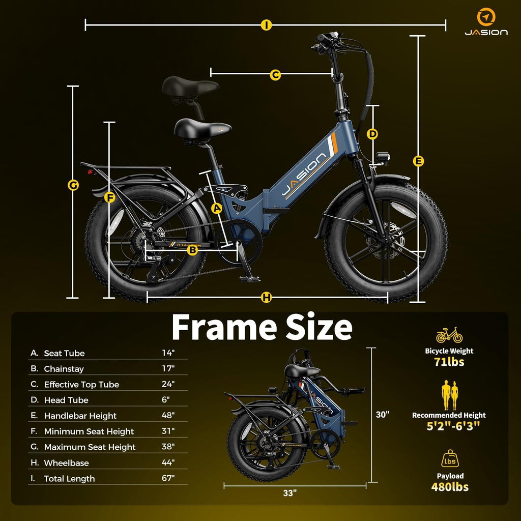 Jasion X-Hunter ST Electric Bike, 750W Foldable Ebike with 48V 13AH Removable Battery, 20'' Fat Tire Electric Bicycles for Adults, Full Suspension, UL 2849 Electric Bikes