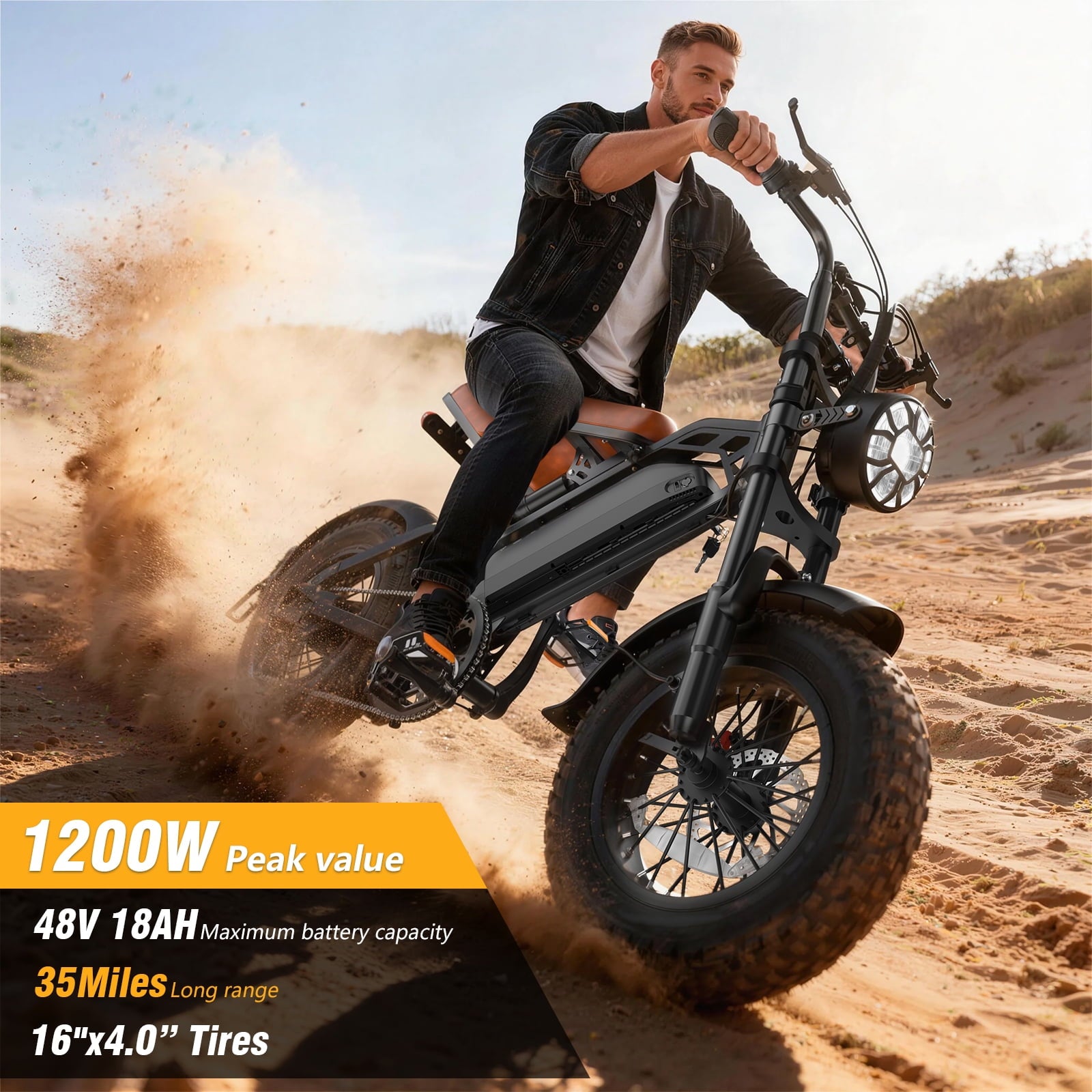 1200W Off-Road Electric Bike for Adults, 48V 18AH Removable Battery, 16 Wide Tires, 5-Speed Transmission, Dual Disc Brakes & Spring Suspension Electric Bikes
