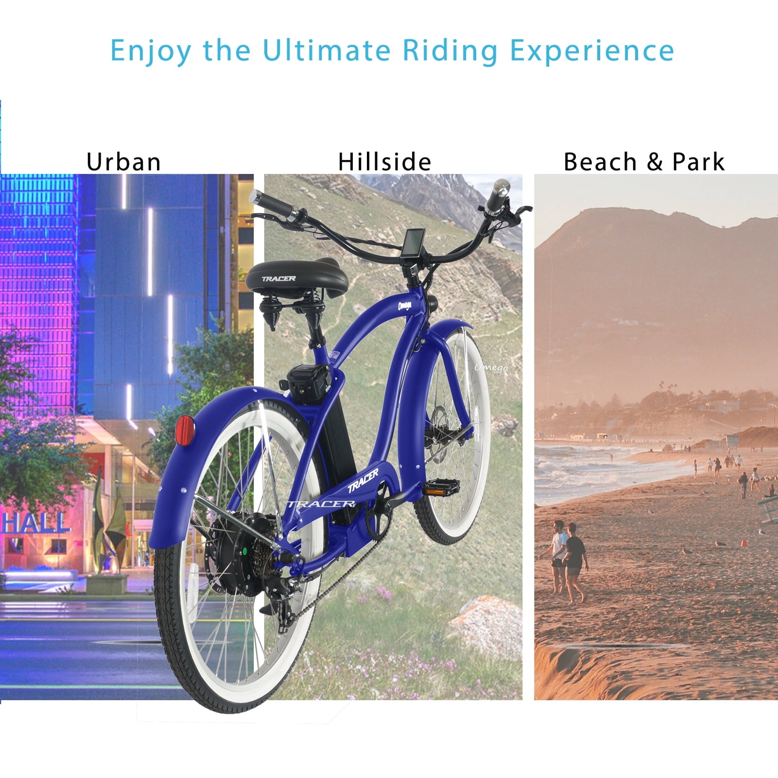 Tracer Omega 26 Electric Bike, 500W Rear Motor, 7-speed, 25mph,  48V/14Ah, 30 to 45 Miles, 5-level PAS, Disc Brake, for Men, Blue UL2849 Electric Bikes