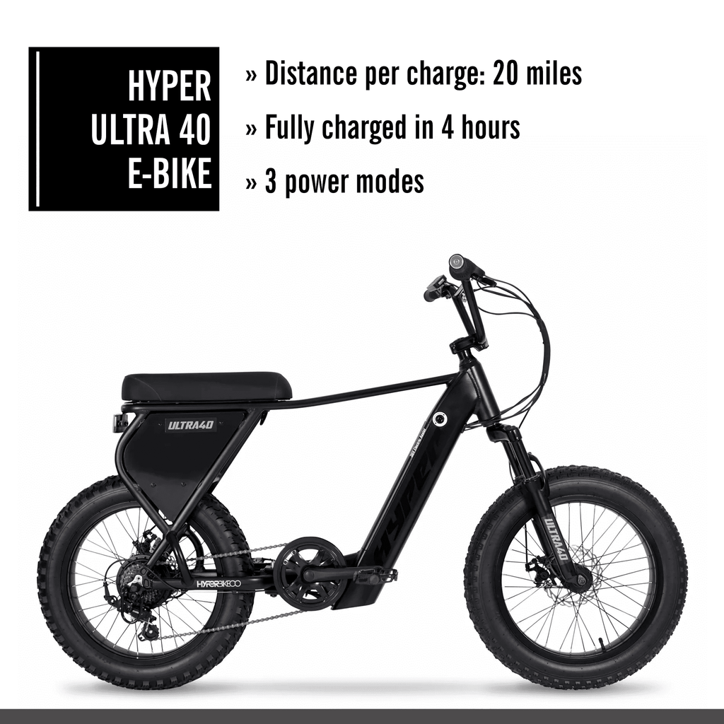 Hyper Bicycles 20 Ultra 40, 36V Electric Bike, Adult Ages 13+, 250W Motor, Matte Black Electric Bikes