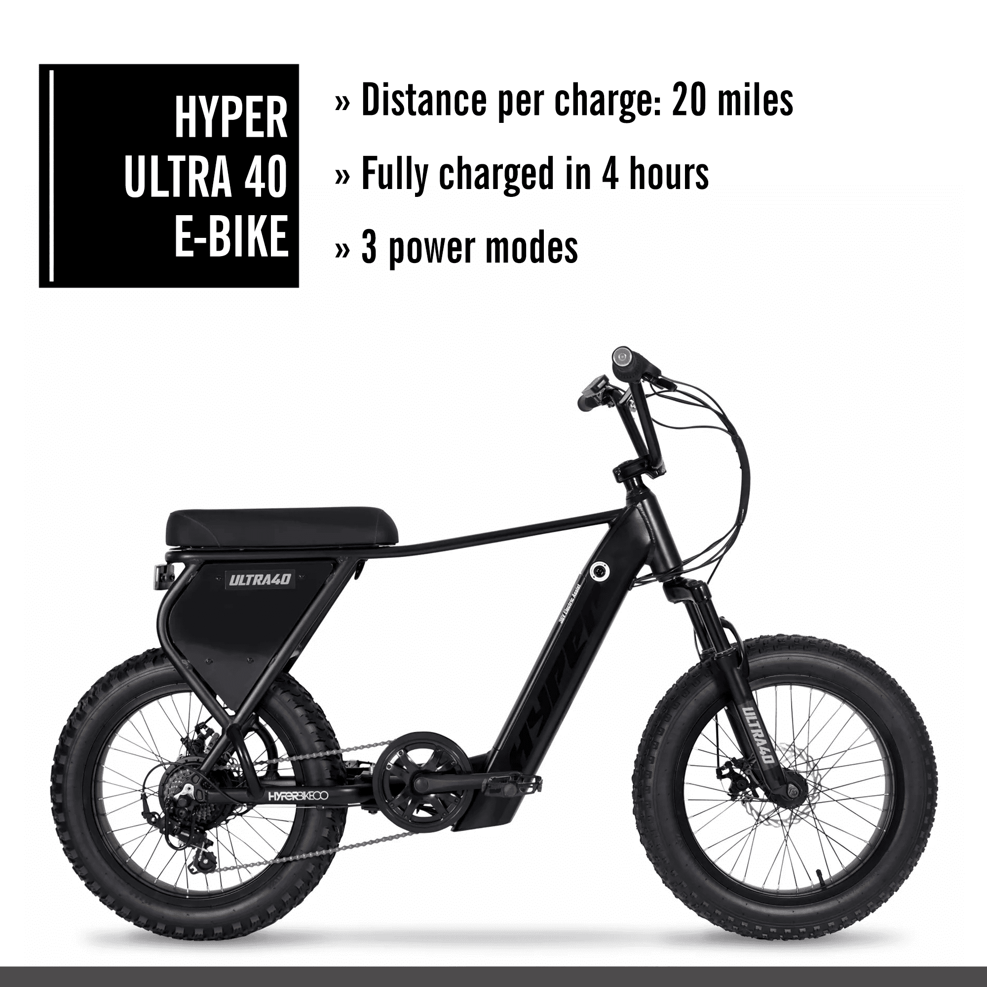 Hyper Bicycles 20 Ultra 40, 36V Electric Bike, Adult Ages 13+, 250W Motor, Matte Black Electric Bikes