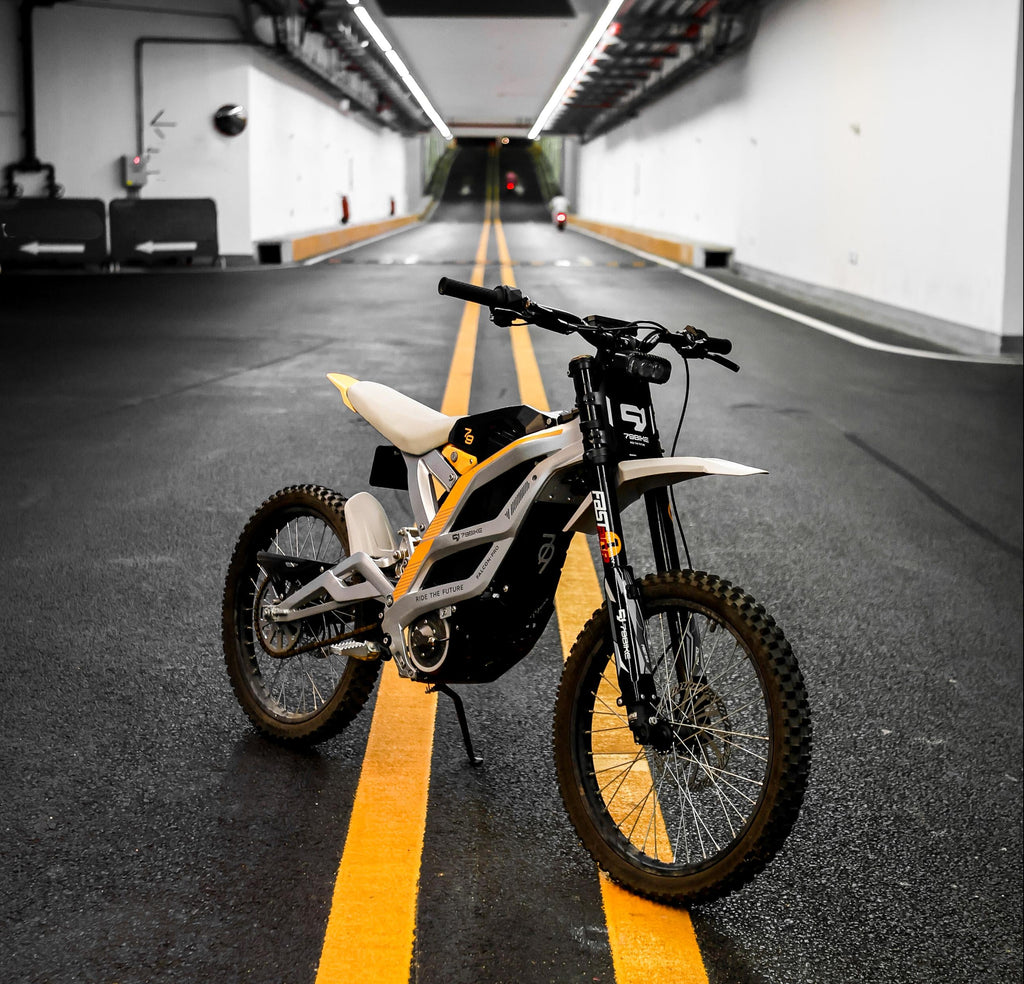 79BIKE Falcon Pro 5000W Electric Dirt Bike for Adults, Off-Road Ebike for Adults with 72V 35AH Battery & All-Terrain 19 Tire 56MPH Silver Yellow Electric Bikes