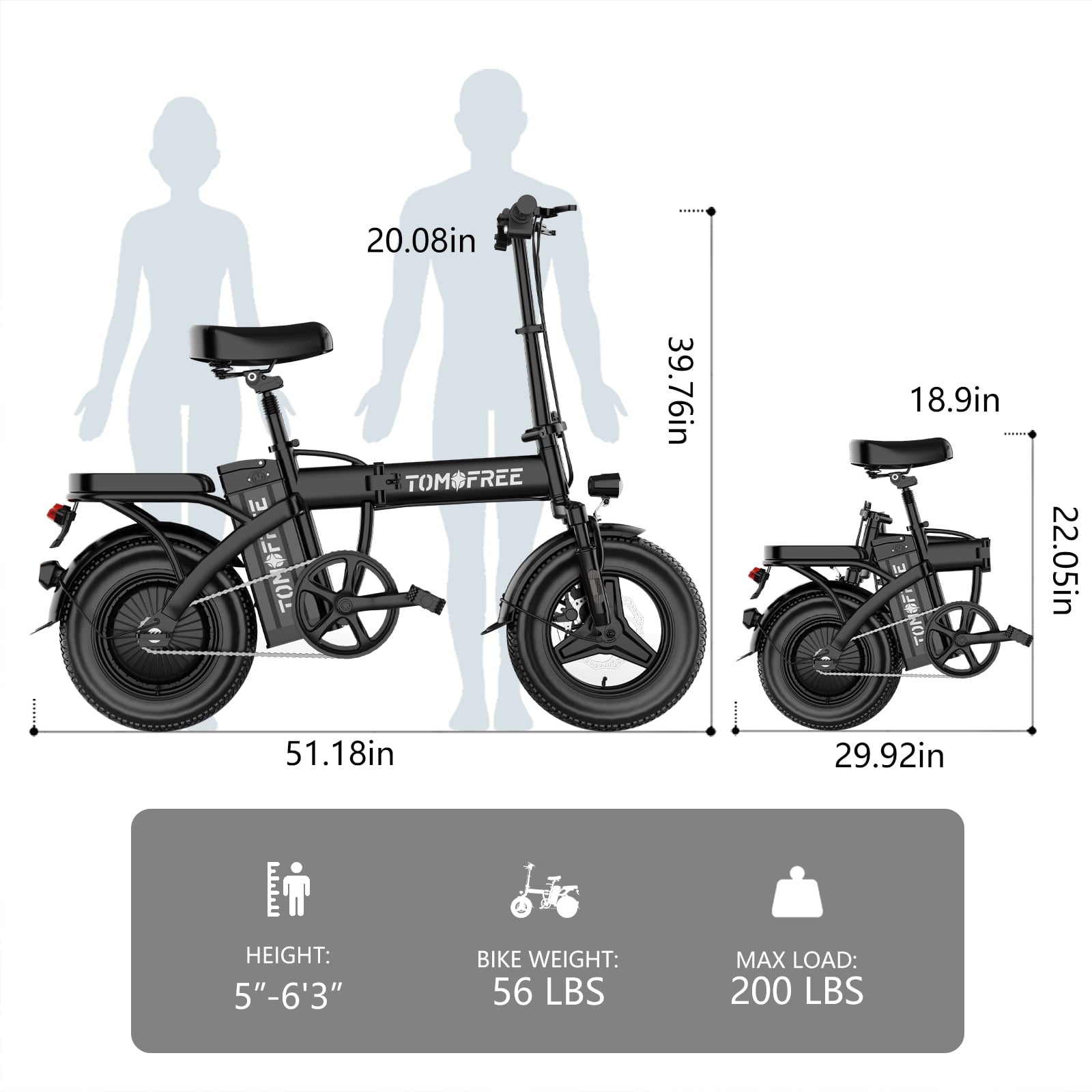 Folding Electric Bike 48V 20AH Removable Battery 20-25MPH 14''x 2.1'' Tire, 25-35miles PAS, Front/Full Suspension, 200lbs Load Ebike for Adult, Adult Electric Bicycles for Commute Electric Bikes