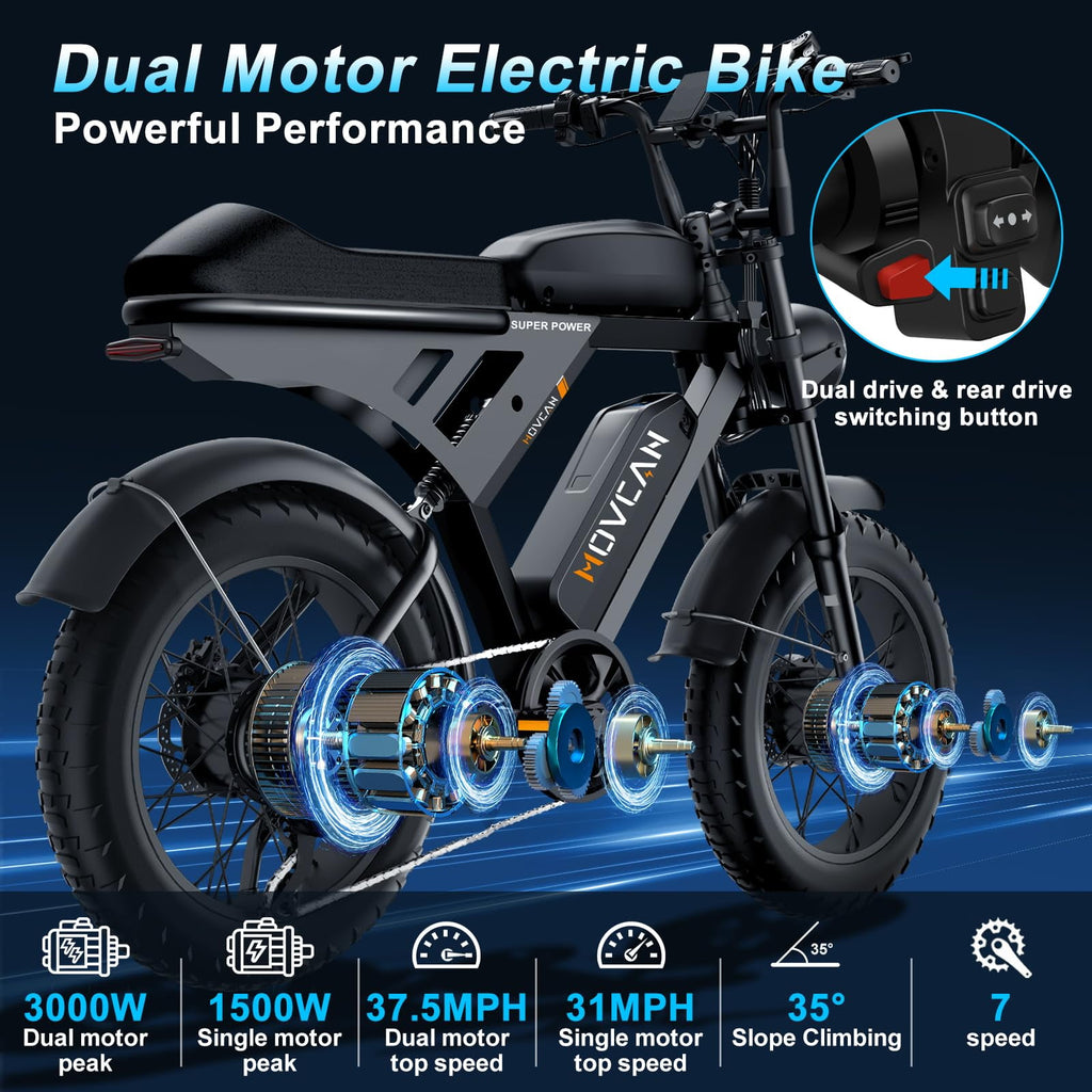 MOVCAN V30PROMAX Electric Bike for Adults, 3000W Dual Motor 37.5MPH, 48V 40Ah Dual Battery 120 Miles, 20x4 Fat Tire Full Suspension E-Mountain Bike, APP Control, UL2849 Electric Bikes