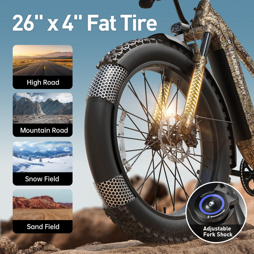 PUCKIPUPPY Electric Bike for Adults 28mph Top Speed 60Miles Max Range 960W Peak 26 Fat Tire Electric Mountain Bike 48V 15AH Removable Battery Ebike 7 Speed off Road E Bike, Comply with UL2849 By SGS Electric Bikes
