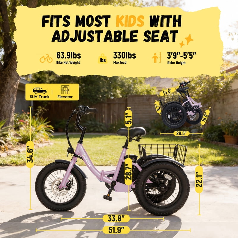 ESKUTE T300mini Electric Tricycle for Beginners, 16 x 3.0 Fat Tire Folding 3-Wheel E-Bike, 500W Peak Motor, 302Wh Battery, Step-Thru, 12.5 MPH, Pink, UL2849 Electric Bikes