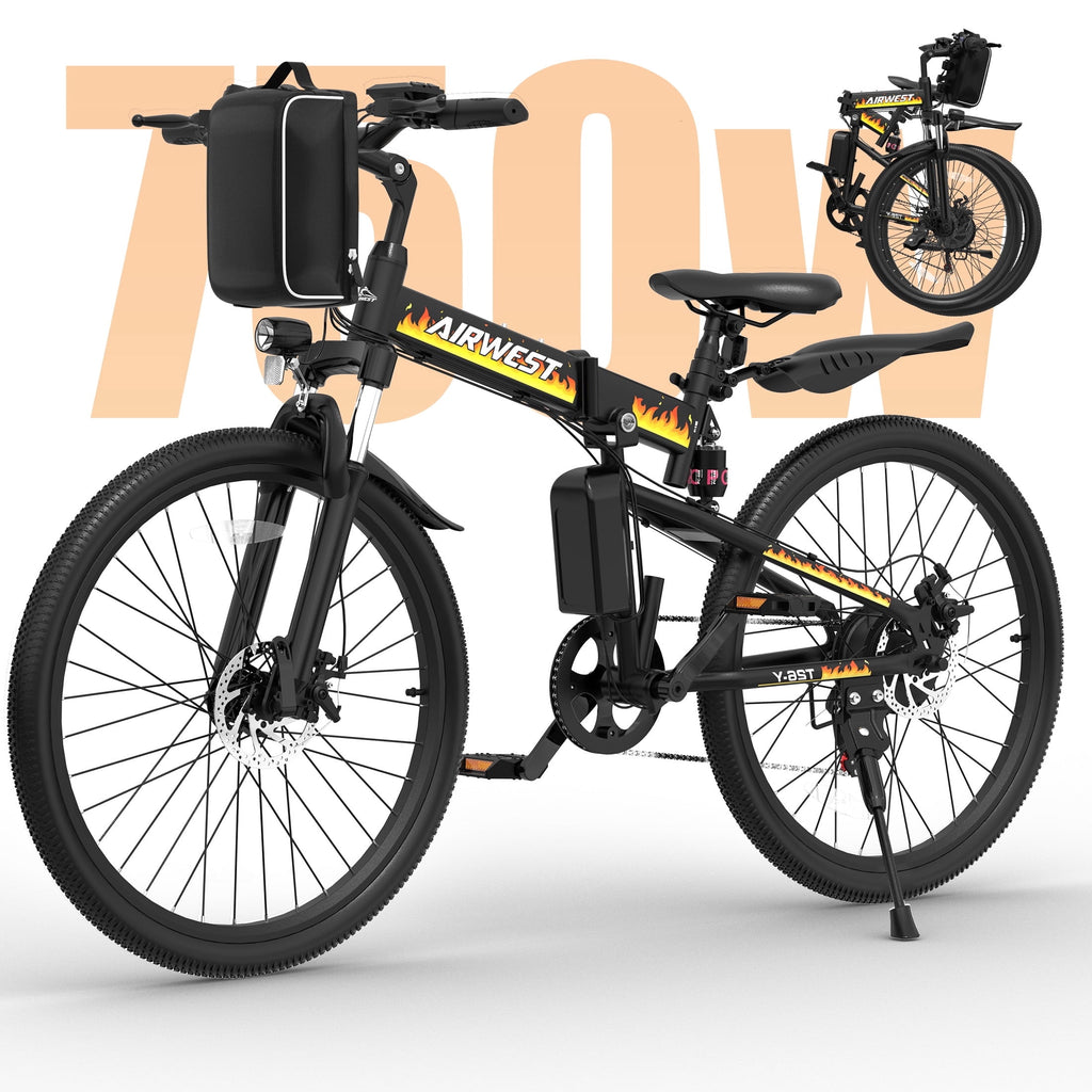 AIRWEST 26 Folding Electric Bike for Adults -Peak 750W Motor, 48V 374.4W Removable Battery, 7-Speed, Dual Suspension，Mountain E-Bike, UL2849 Electric Bikes