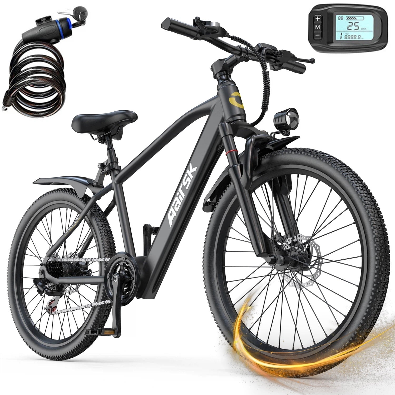Aairsk GT300 24-inch Adult Electric Bike (Black), 400W motor, top speed 22 mph, 36V 10Ah battery, 7-speed gears, range 40 miles, complies with UL 2849 standards Electric Bikes