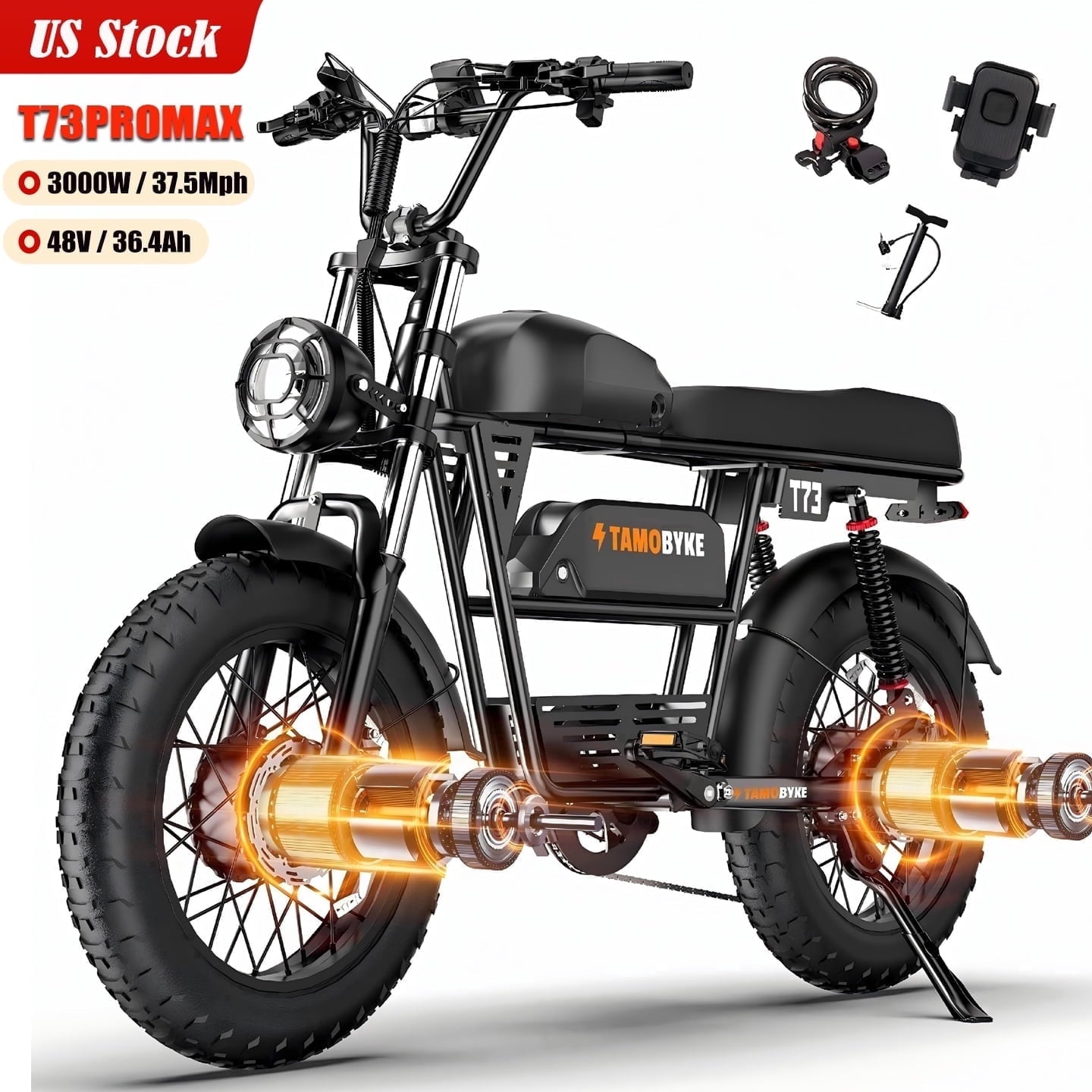 Adult E-Mountain Bike Tamobyke T73PROMAX, 3000W Peak Dual Motor, 37.5mph, 48V 36.4Ah Battery, 20 Fat Tire Electric Bike, UL2849 Electric Bikes