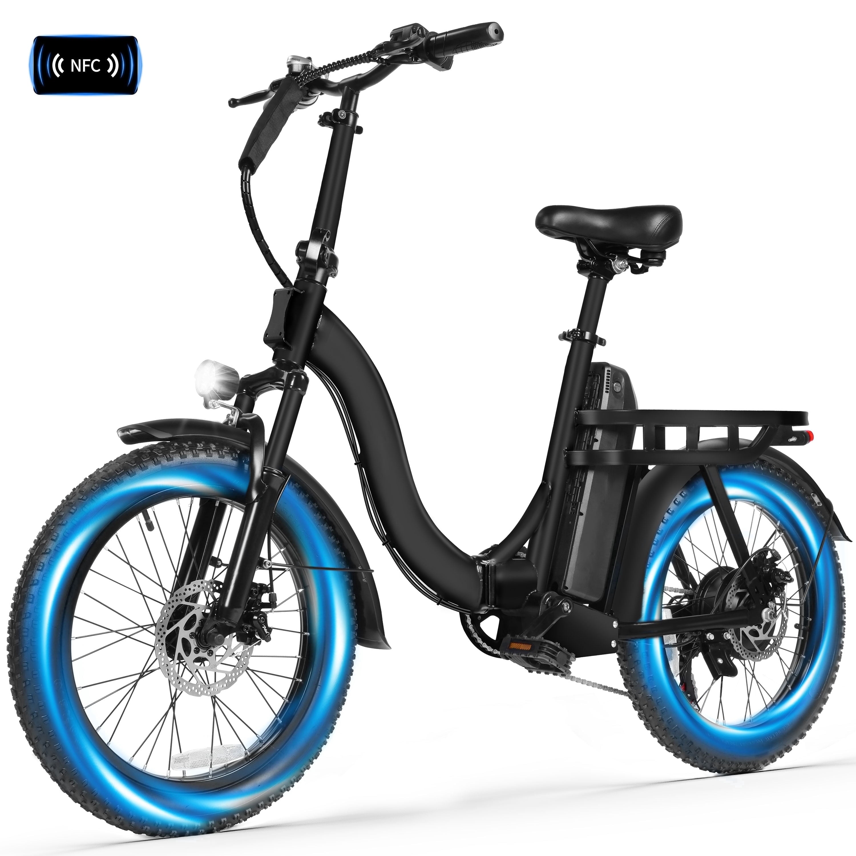 Adult Electric Bike – 1200W Peak Motor, 28?MPH, Foldable 20×3 Fat Tire, 48V 10.4Ah Battery Up to 55?Miles, 7-Speed Step-Through Cargo E-Bike with NFC Unlock, Black Electric Bikes