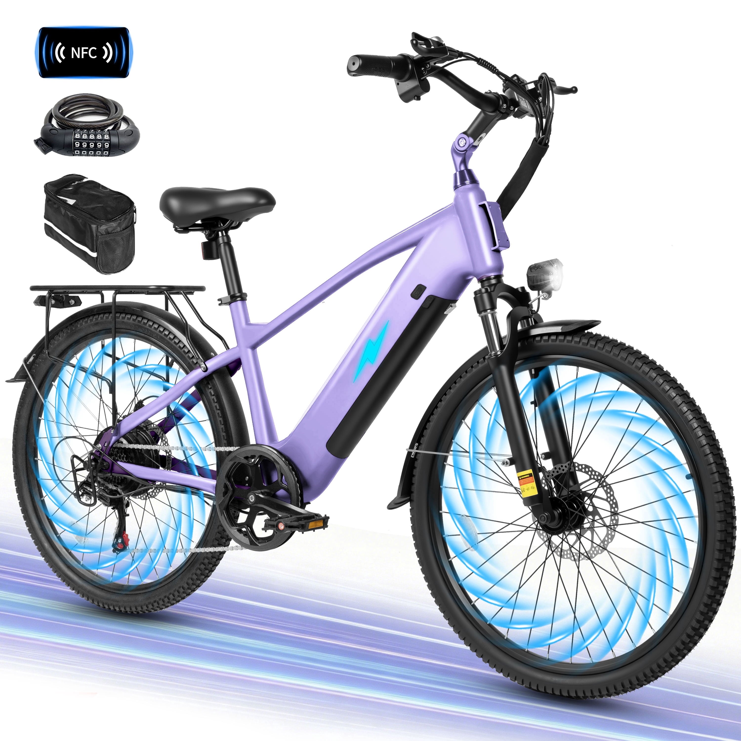 Adult Electric Bike – 70-Mile Range, 1300W Peak Motor, 28MPH, 840Wh Removable Battery, 26 Tires, 7-Speed Adjustable Stem, Step-Over Ebike, Purple Electric Bikes